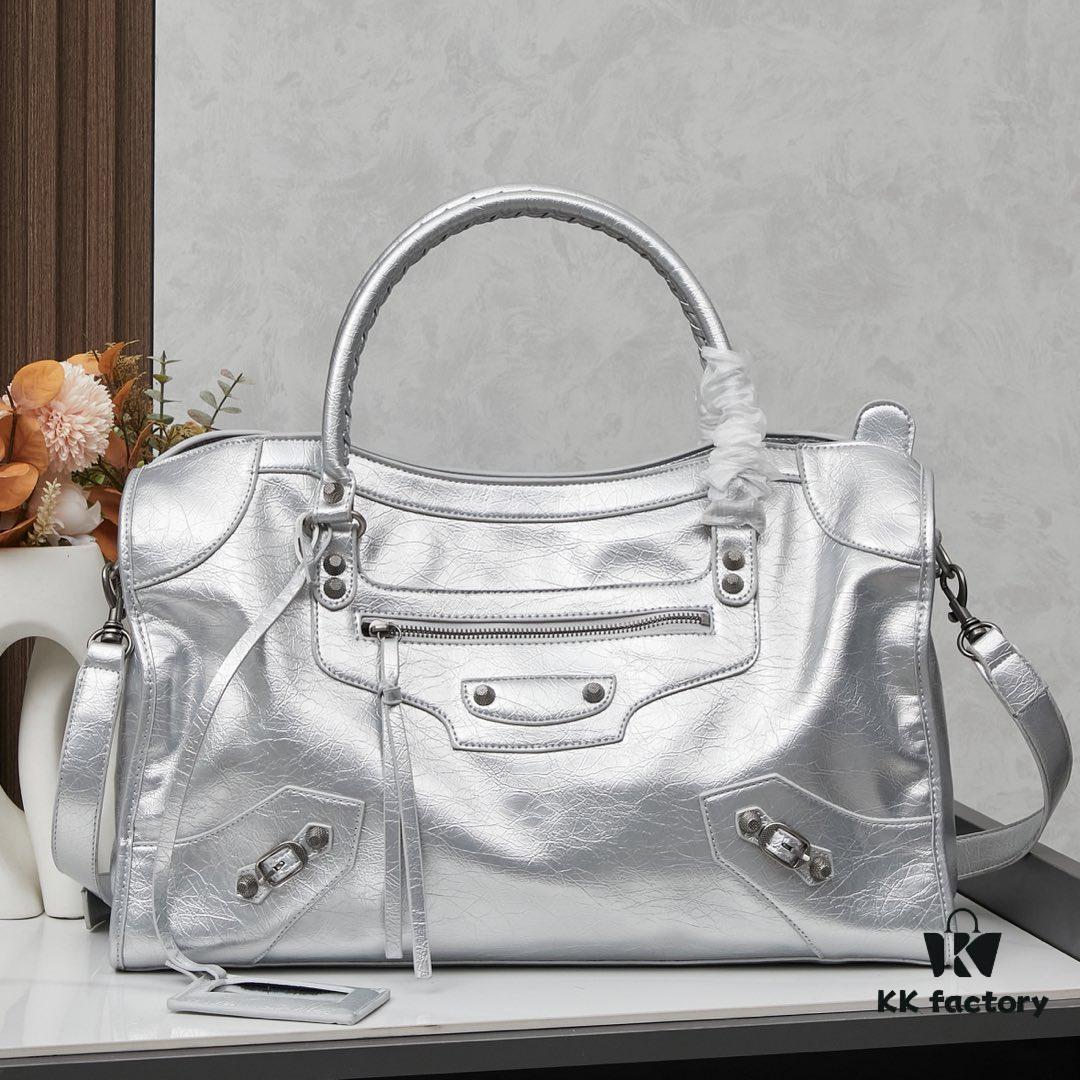 6930e0436e68136f4d9b218e Large Silver Buckle Balenciaga Motorcycle Bag with Box - Gaint City Series