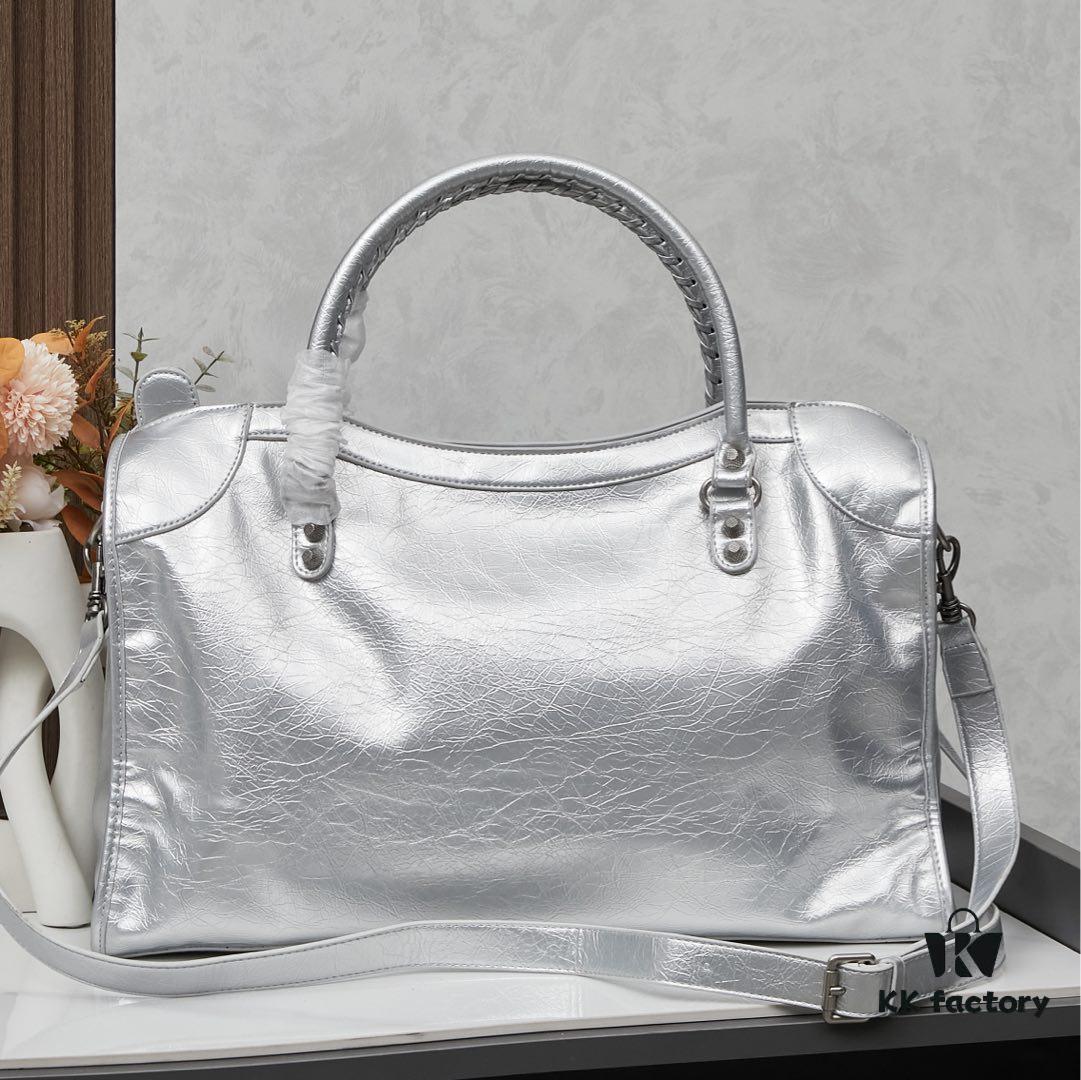 6930e0446e68136f4d9b218f Large Silver Buckle Balenciaga Motorcycle Bag with Box - Gaint City Series