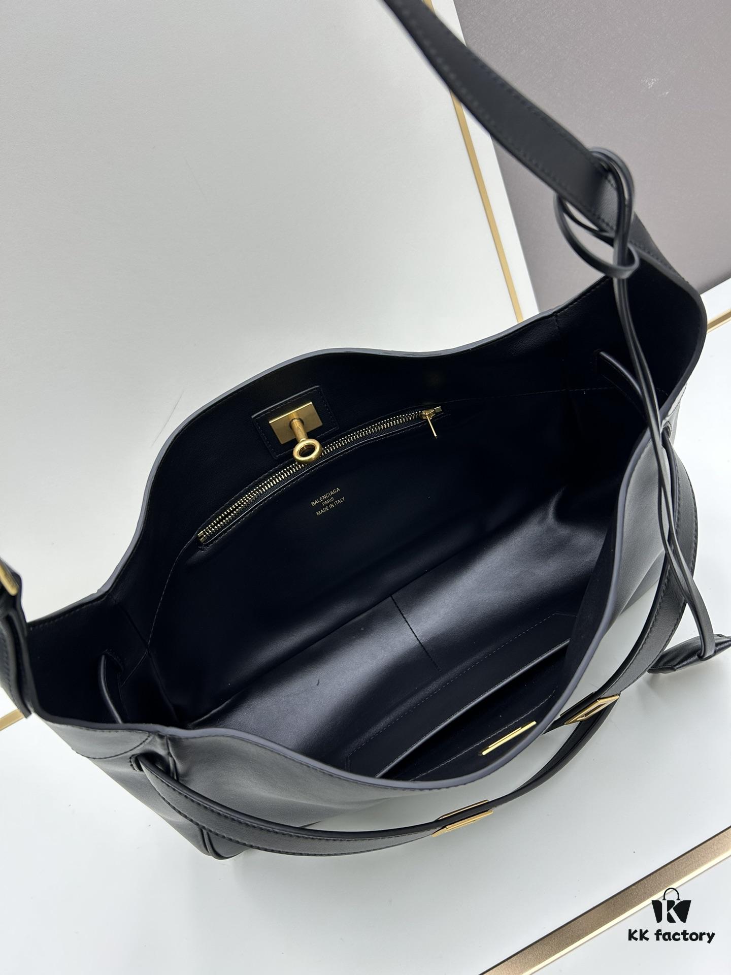 6930e2246e68136f4d9b2408 New BALENCIAGA Winter 24 Collection Re-See Shoulder Bucket Bag, Full-Grain Leather, Minimalist Luxury Design, Upcycled Motorbike Glove Handbag with Keyring Closure, Elegant and Edgy Style