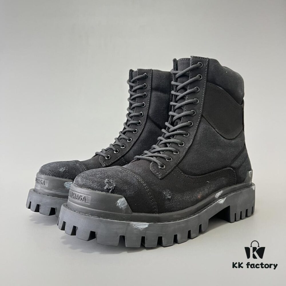 6930e8c46e68136f4d9b2ee1 Balenciaga Strike 20mm Distressed Cotton Canvas Lace-Up Black Ankle Boots