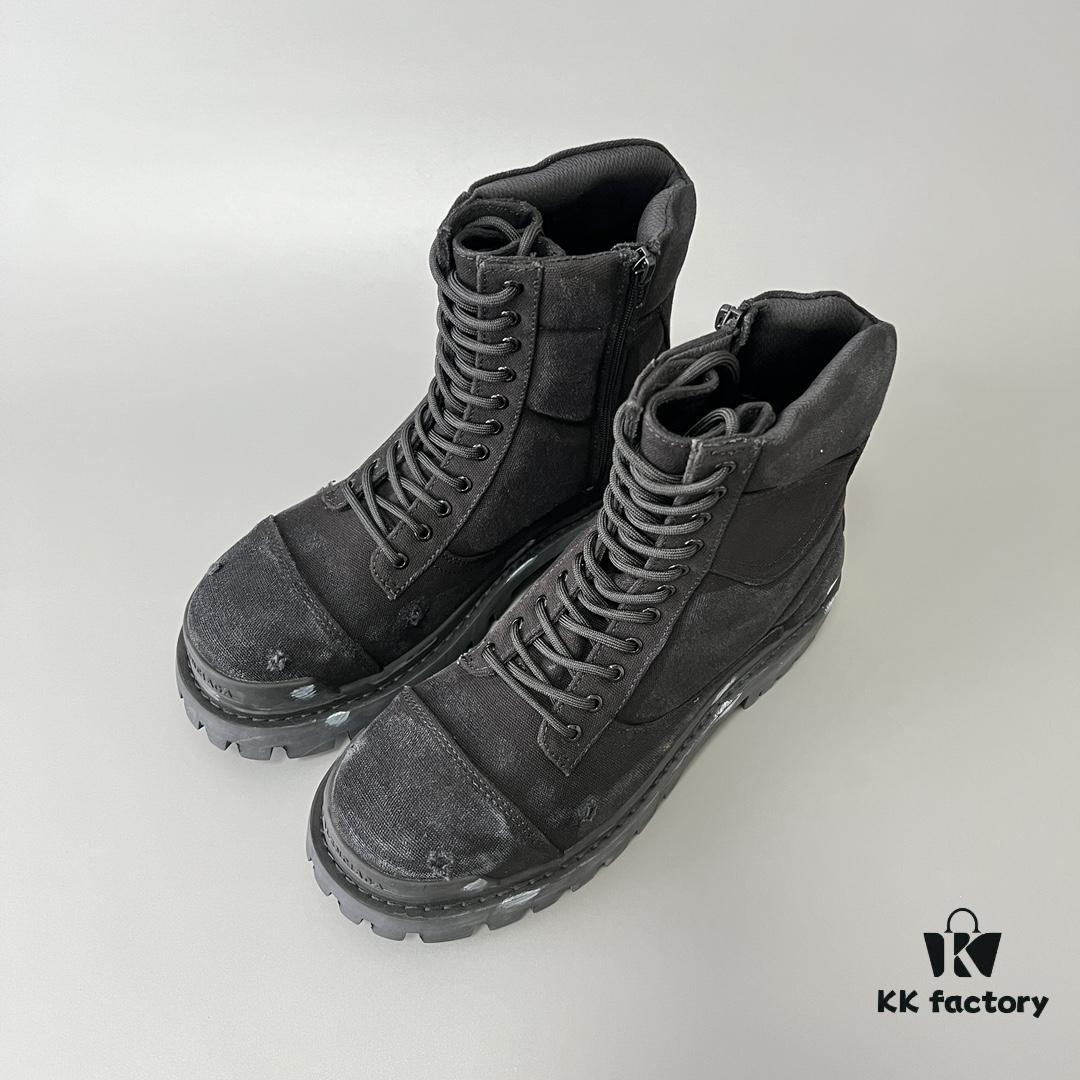6930e8ca6e68136f4d9b2eec Balenciaga Strike 20mm Distressed Cotton Canvas Lace-Up Black Ankle Boots