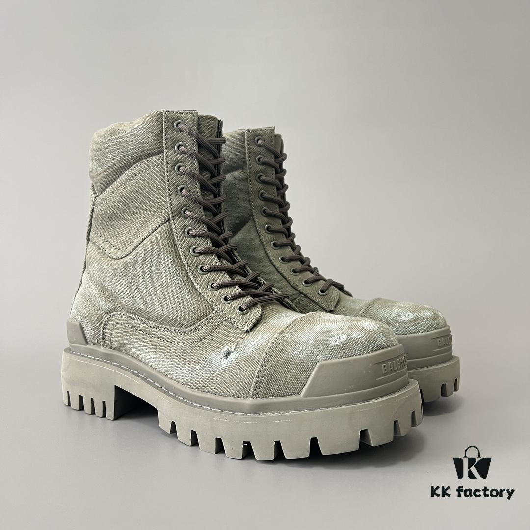 6930e8cb6e68136f4d9b2eed Balenciaga Strike 20mm Distressed Cotton Canvas Lace-Up Gray-Green Ankle Boots