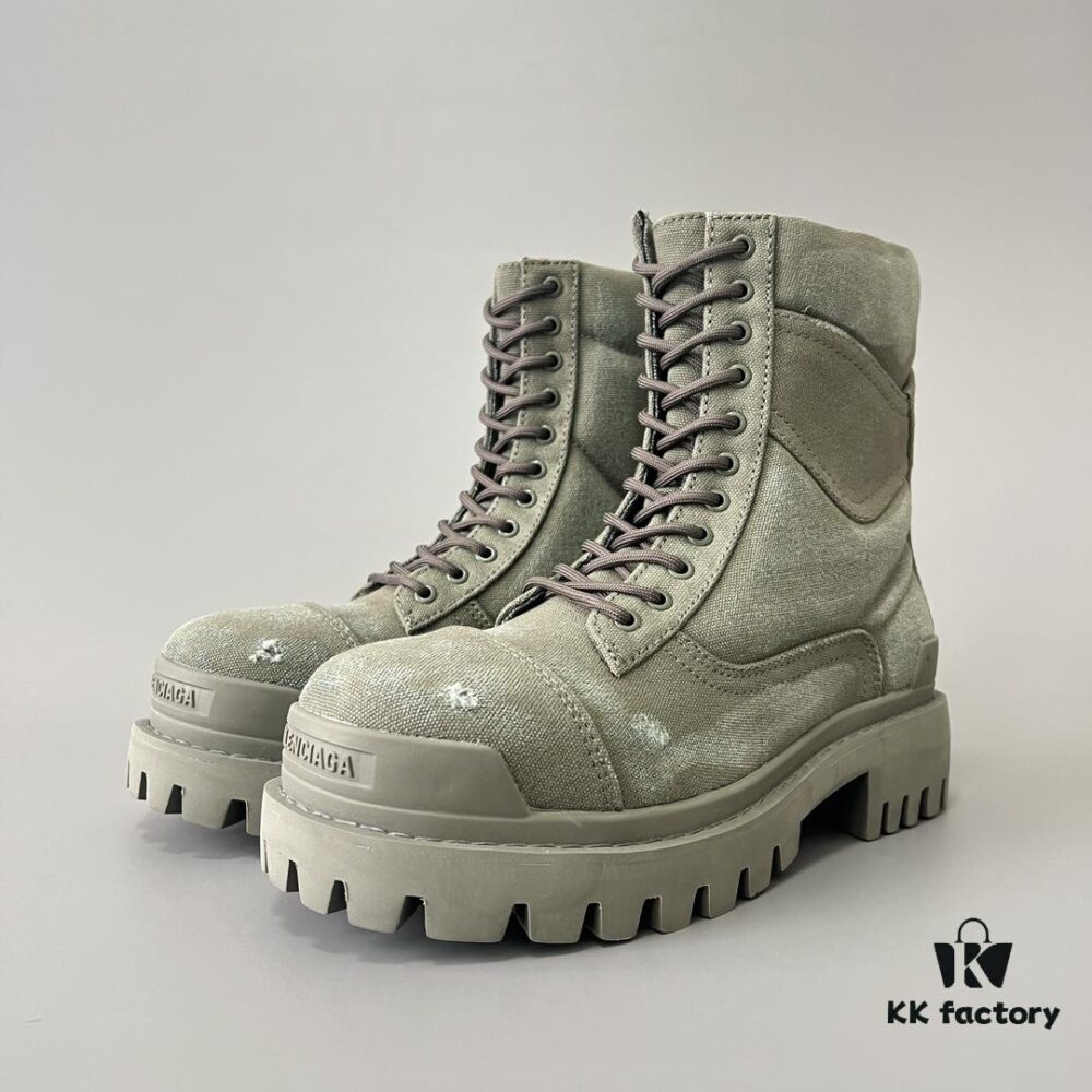 6930e8e06e68136f4d9b2f0d Balenciaga Strike 20mm Distressed Cotton Canvas Lace-Up Gray-Green Ankle Boots