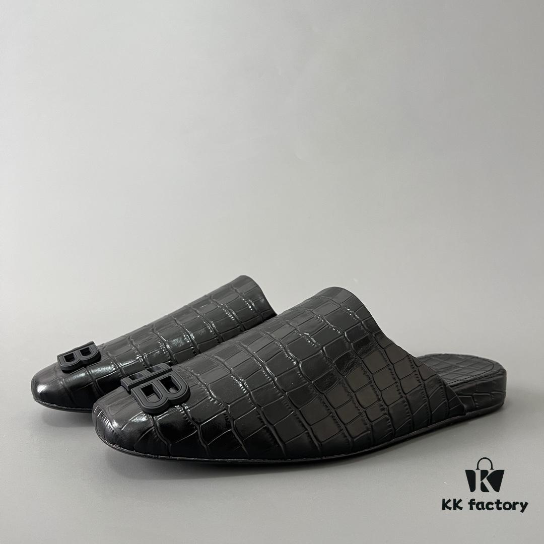 6930e8f16e68136f4d9b2f2a Balenciaga Crocodile-Textured Leather Flat Slip-On Fashion Sandals in Black
