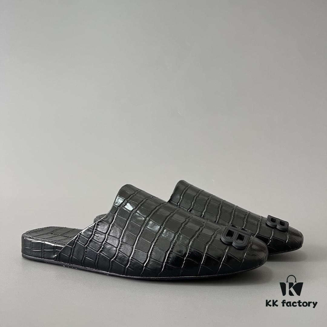6930e8f36e68136f4d9b2f2c Balenciaga Crocodile-Textured Leather Flat Slip-On Fashion Sandals in Black