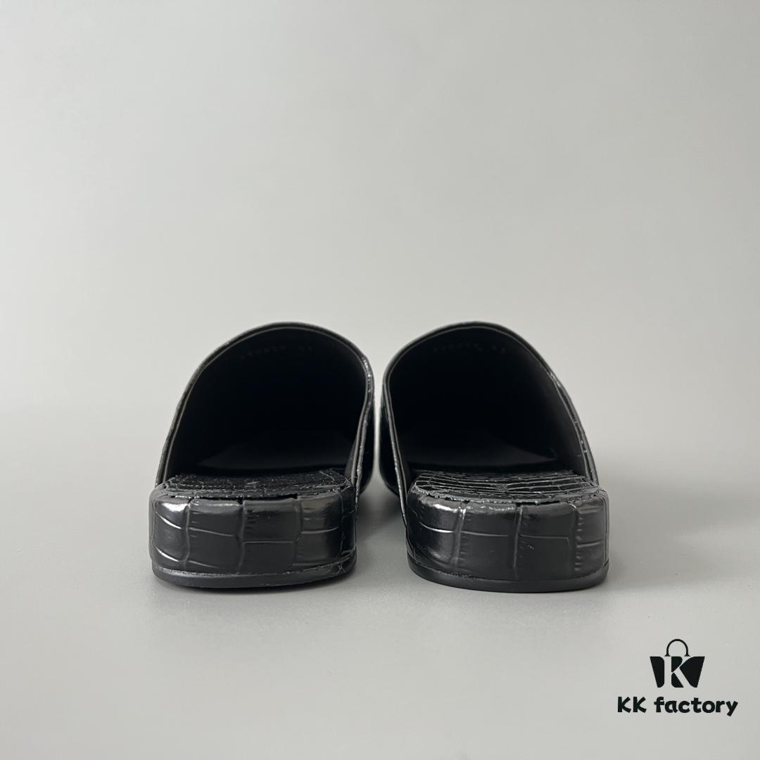 6930e8f46e68136f4d9b2f2d Balenciaga Crocodile-Textured Leather Flat Slip-On Fashion Sandals in Black