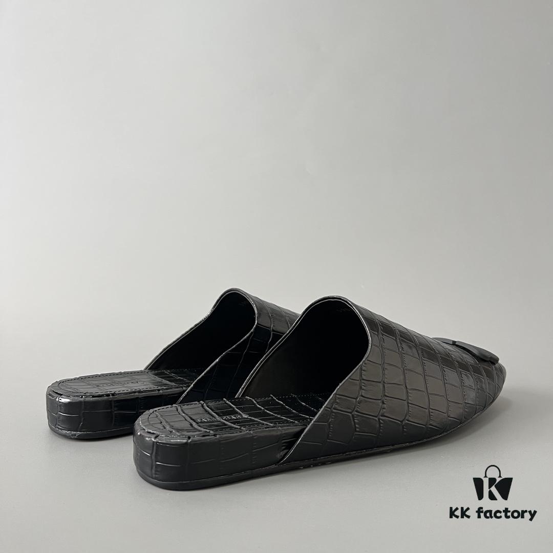 6930e8fa6e68136f4d9b2f34 Balenciaga Crocodile-Textured Leather Flat Slip-On Fashion Sandals in Black