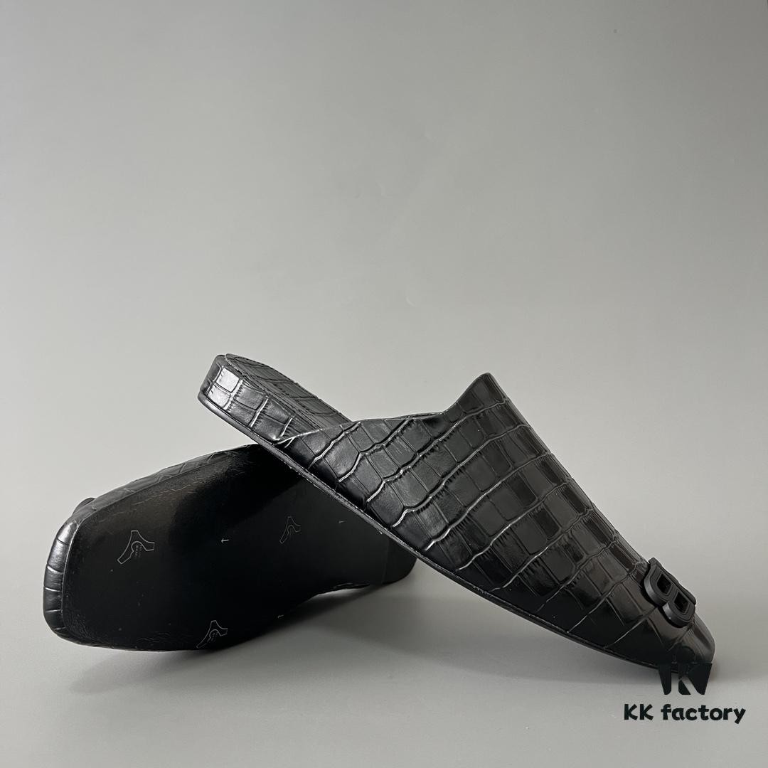 6930e8ff6e68136f4d9b2f3b Balenciaga Crocodile-Textured Leather Flat Slip-On Fashion Sandals in Black