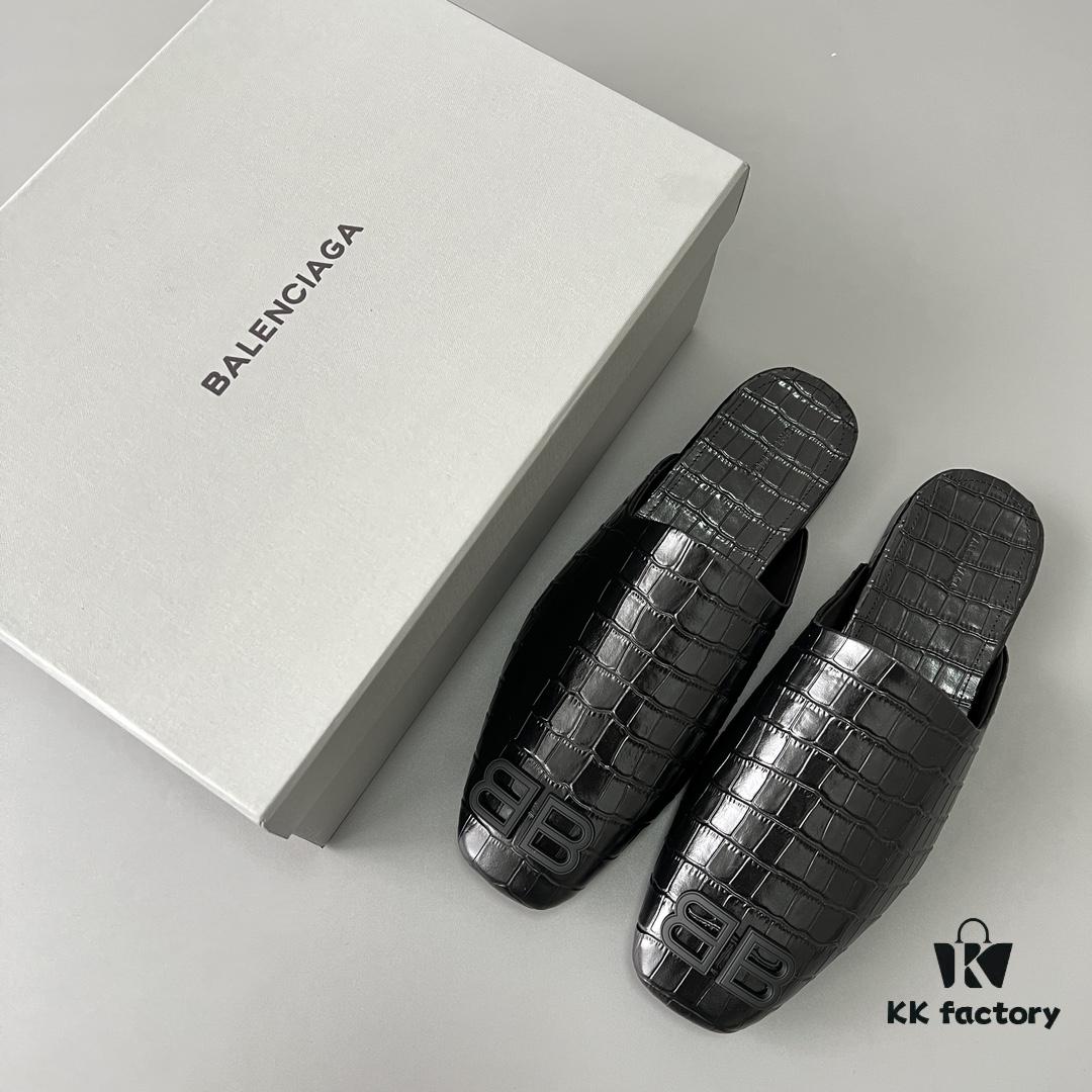 6930e90f6e68136f4d9b2f50 Balenciaga Crocodile-Textured Leather Flat Slip-On Fashion Sandals in Black