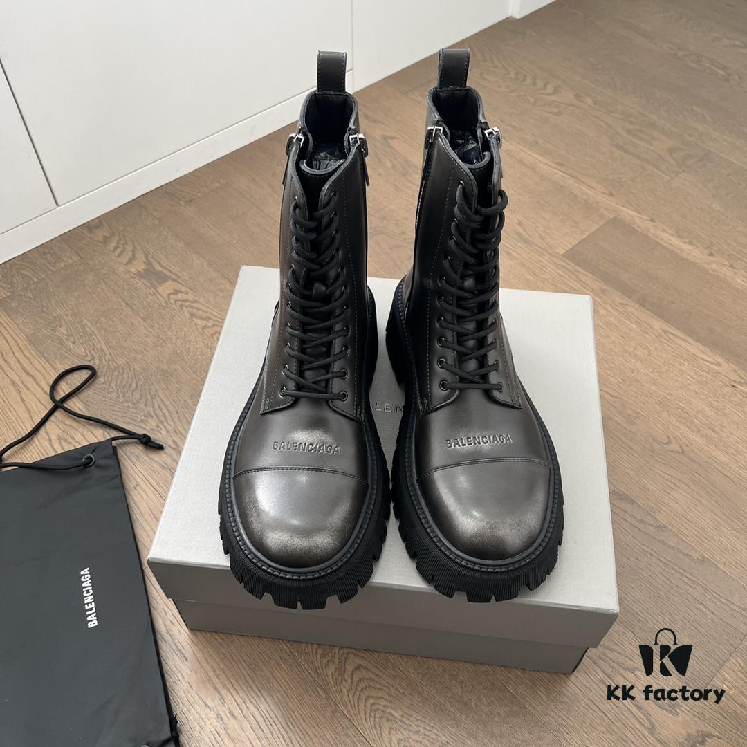 6930e9aa6e68136f4d9b3029 Balenciaga Tractor Leather Lace-Up Short Boots with Thick Sole and Distressed Detail