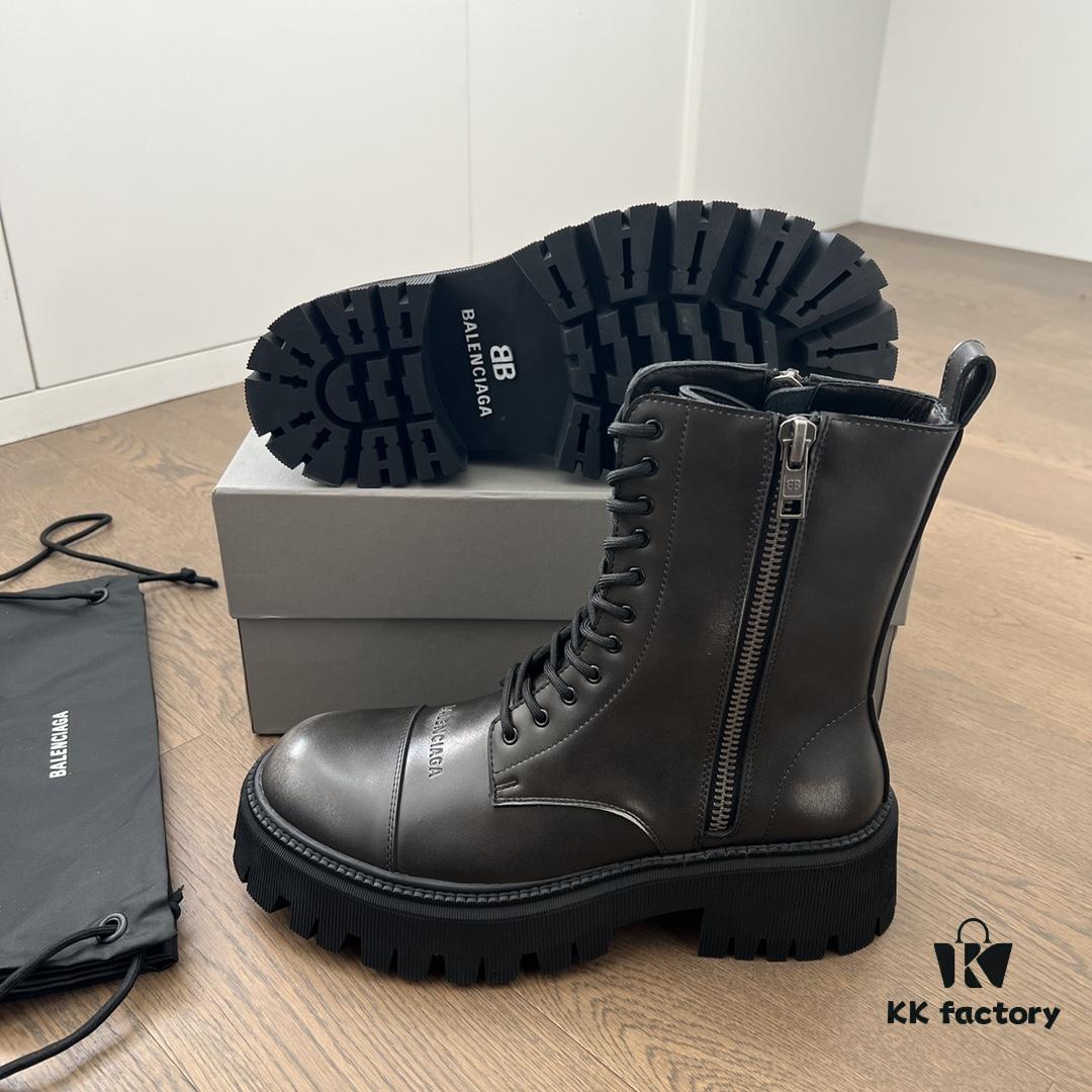 6930e9ad6e68136f4d9b302c Balenciaga Tractor Leather Lace-Up Short Boots with Thick Sole and Distressed Detail