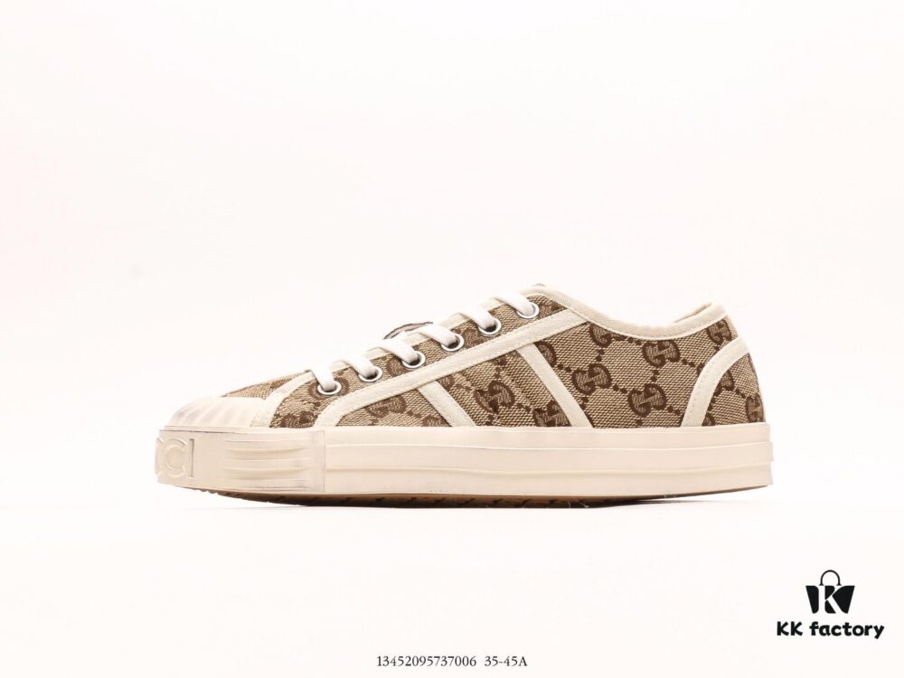 Gucci Tennis 1977 Canvas Sneakers, Classic Vintage-Style GG Supreme Canvas Men's Shoes with Red and Green Web Stripe and Natural Rubber Sole