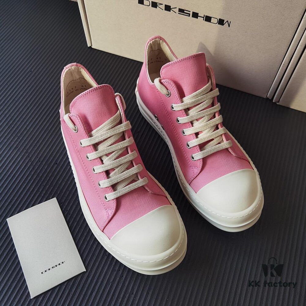 6930efda6e68136f4d9b3908 Rick Owens DRKSHDW Pink Canvas Low-top Lace-up Sneakers with Heel Logo