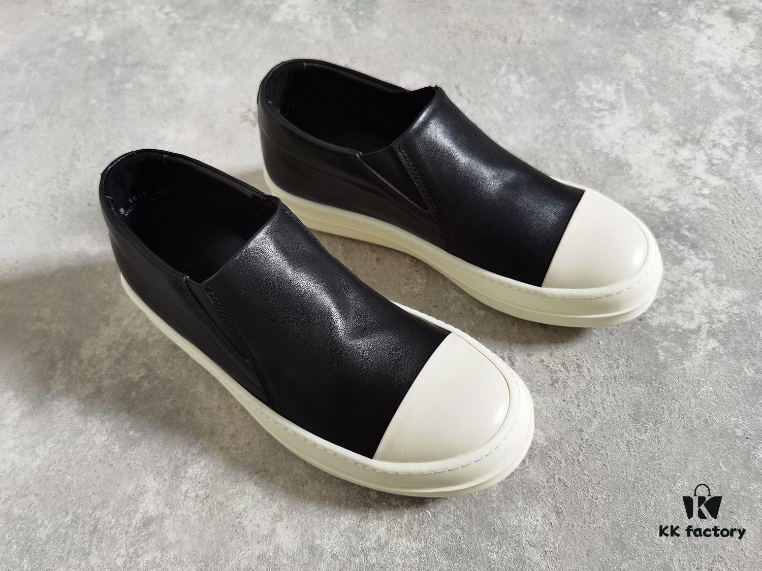 6930f01d6e68136f4d9b395f Rick Owens Style Slip-on Leather Sneakers with Oversized Frame