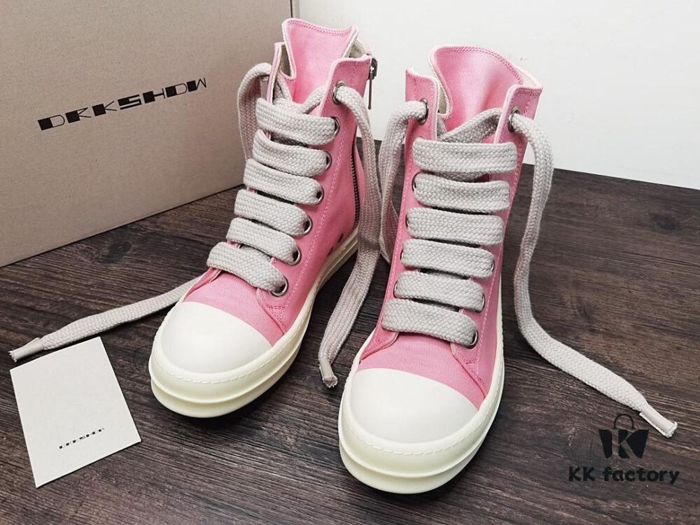 6930f1046e68136f4d9b3aa3 Rick Owens DRKSHDW Pink Twill High-Top Sneakers with Chunky Laces