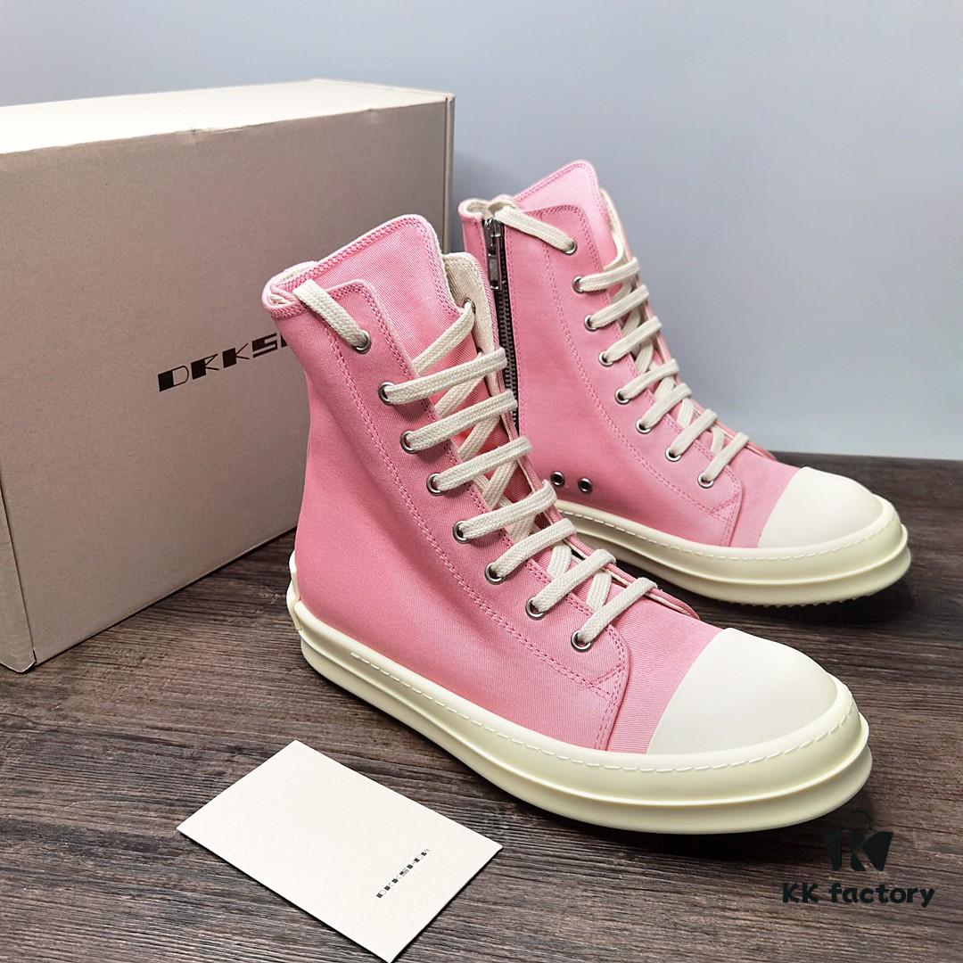 6930f10a6e68136f4d9b3aab Rick Owens DRKSHDW Pink Canvas High-top Lace-up Sneakers with Heel Logo