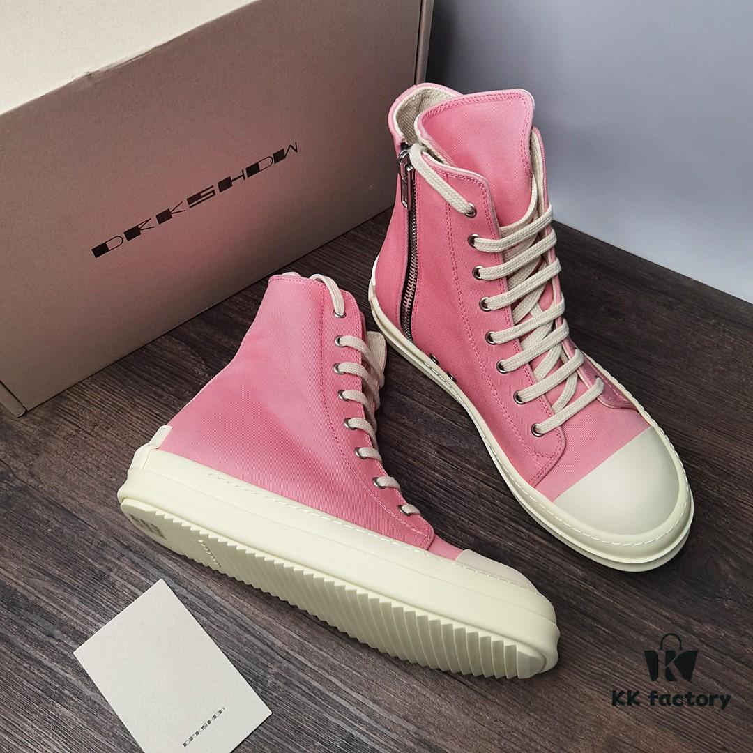 6930f10b6e68136f4d9b3aad Rick Owens DRKSHDW Pink Canvas High-top Lace-up Sneakers with Heel Logo