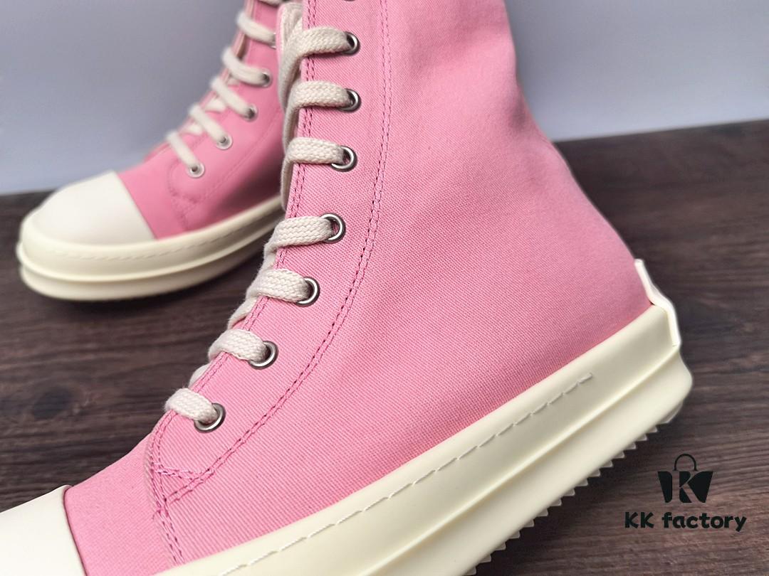 6930f10e6e68136f4d9b3ab0 Rick Owens DRKSHDW Pink Canvas High-top Lace-up Sneakers with Heel Logo