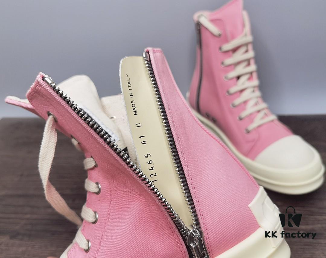 6930f10e6e68136f4d9b3ab1 Rick Owens DRKSHDW Pink Canvas High-top Lace-up Sneakers with Heel Logo