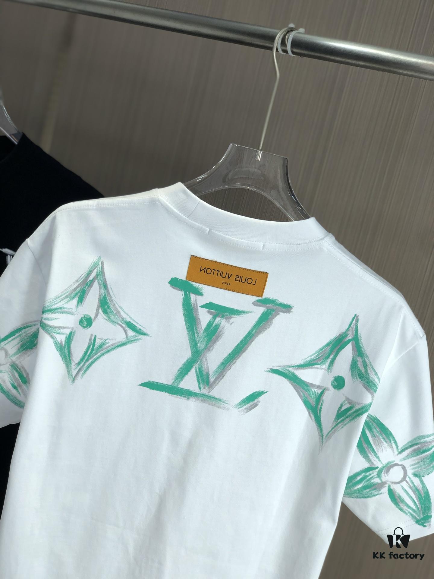 6930f6056e68136f4d9b4079 LV Louis Vuitton 2025 Spring-Summer New Arrival Round Neck Short Sleeve T-Shirt with Hand-Painted Print, Made from 320g Double-Layer Combed Cotton Fabric, Slightly Loose Fit, Soft and Substantial Fabric Texture, Unisex Design