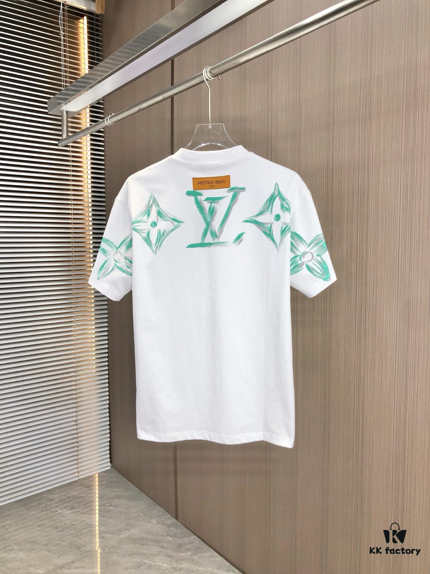 6930f60d6e68136f4d9b4083 LV Louis Vuitton 2025 Spring-Summer New Arrival Round Neck Short Sleeve T-Shirt with Hand-Painted Print, Made from 320g Double-Layer Combed Cotton Fabric, Slightly Loose Fit, Soft and Substantial Fabric Texture, Unisex Design