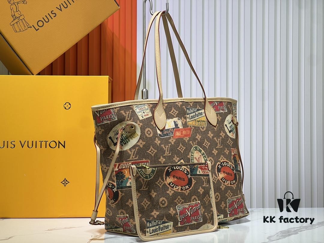 693105ee908475d562cd8d89 M45865 M40995 This Neverfull Medium Handbag is crafted from Monogram Tiles canvas in a tote silhouette, accented with leather trim that defines the top and handles. The central LV Circle signature pairs playfully with the watercolor-effect Monogram pattern, while the printed zip pouch can be removed for separate use.