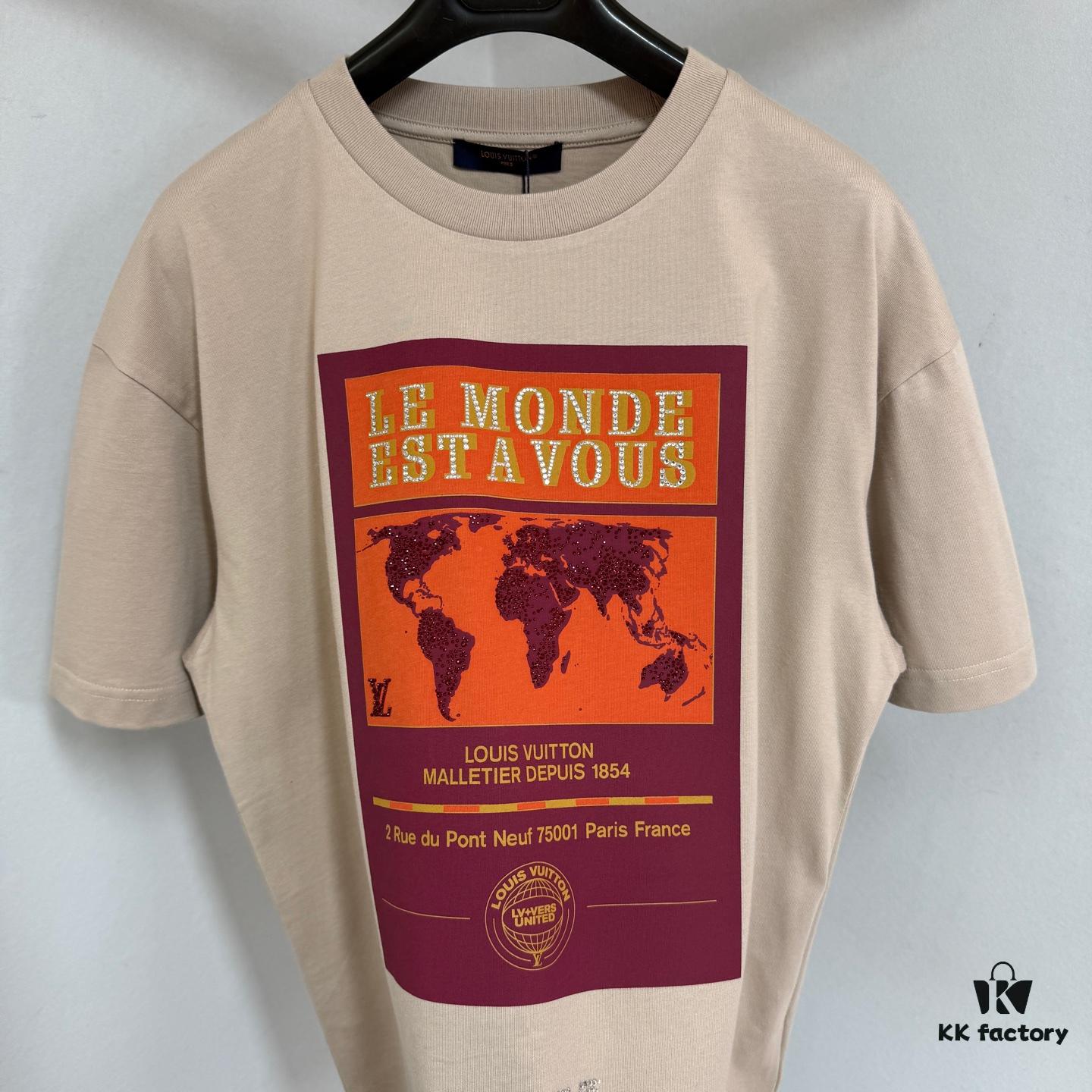 69311520908475d562cd902d 1V 25SS World Map Khaki Round Neck Rhinestone Embellished Short Sleeve T-Shirt