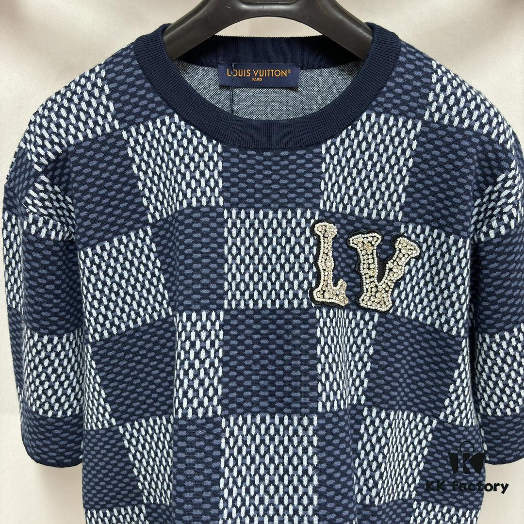 69311554908475d562cd903a 1V 25 New Arrival Cotton Short-Sleeve Round-Neck T-Shirt Featuring Damier Jacquard Pattern and LV Rhinestone Embroidered Patch on Chest for a Refined Touch, Unisex Style