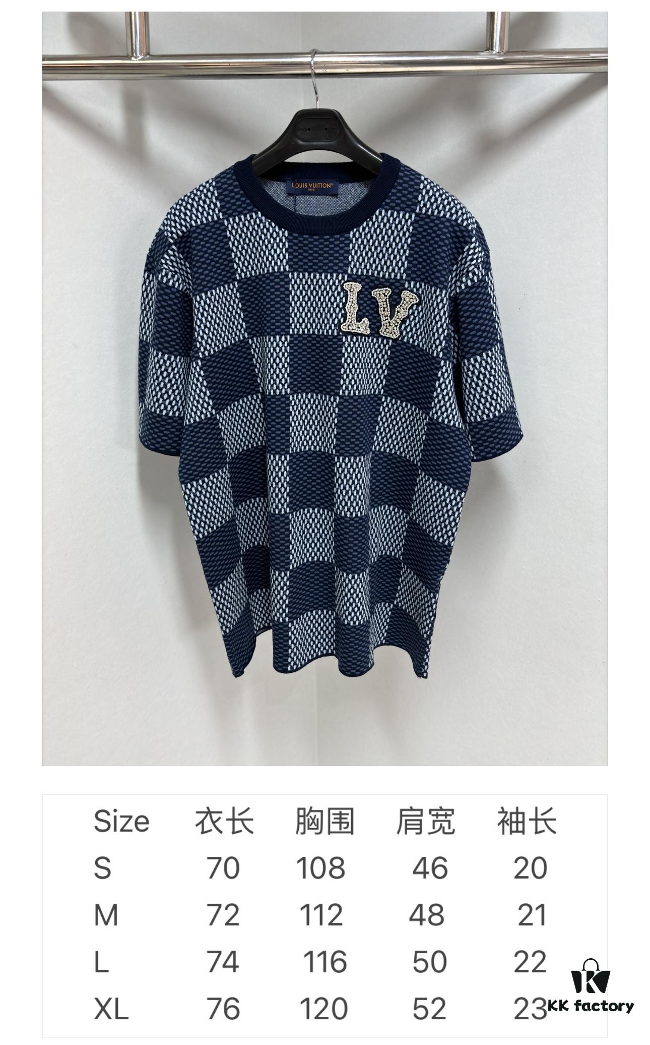 6931155c908475d562cd903d 1V 25 New Arrival Cotton Short-Sleeve Round-Neck T-Shirt Featuring Damier Jacquard Pattern and LV Rhinestone Embroidered Patch on Chest for a Refined Touch, Unisex Style