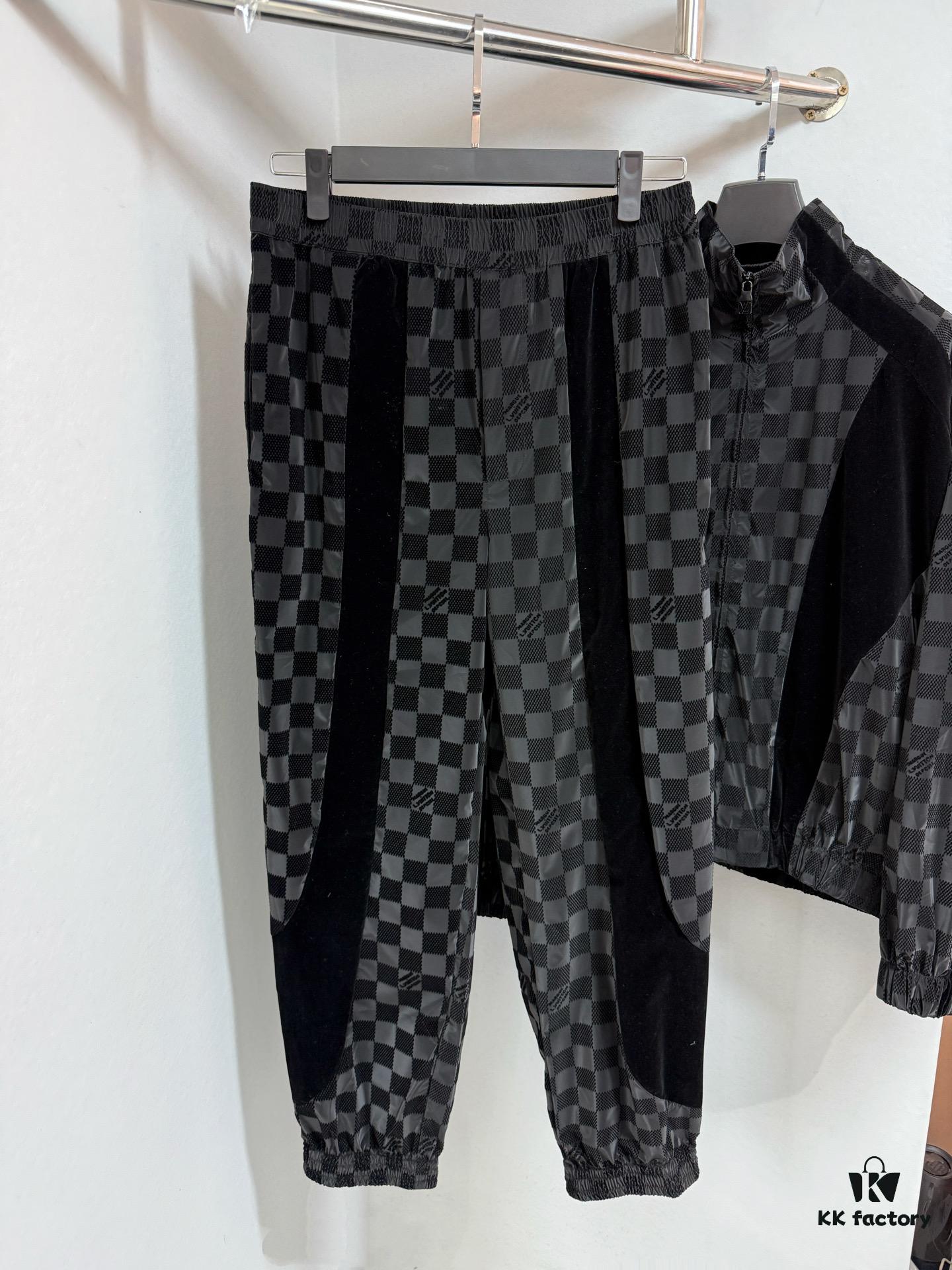693117d5908475d562cd90cc 1V 25ss New Arrival Track Pants Crafted from Lustrous Technical Fabric, Showcasing the 2025 Spring-Summer Runway Trend. Flocked Matte Damier Pattern Features the Marque L.Vuitton Déposée Logo, with Velvet Trims Adding Textural Depth, Perfectly Paired with Matching Top for a Sharp, Cohesive Look