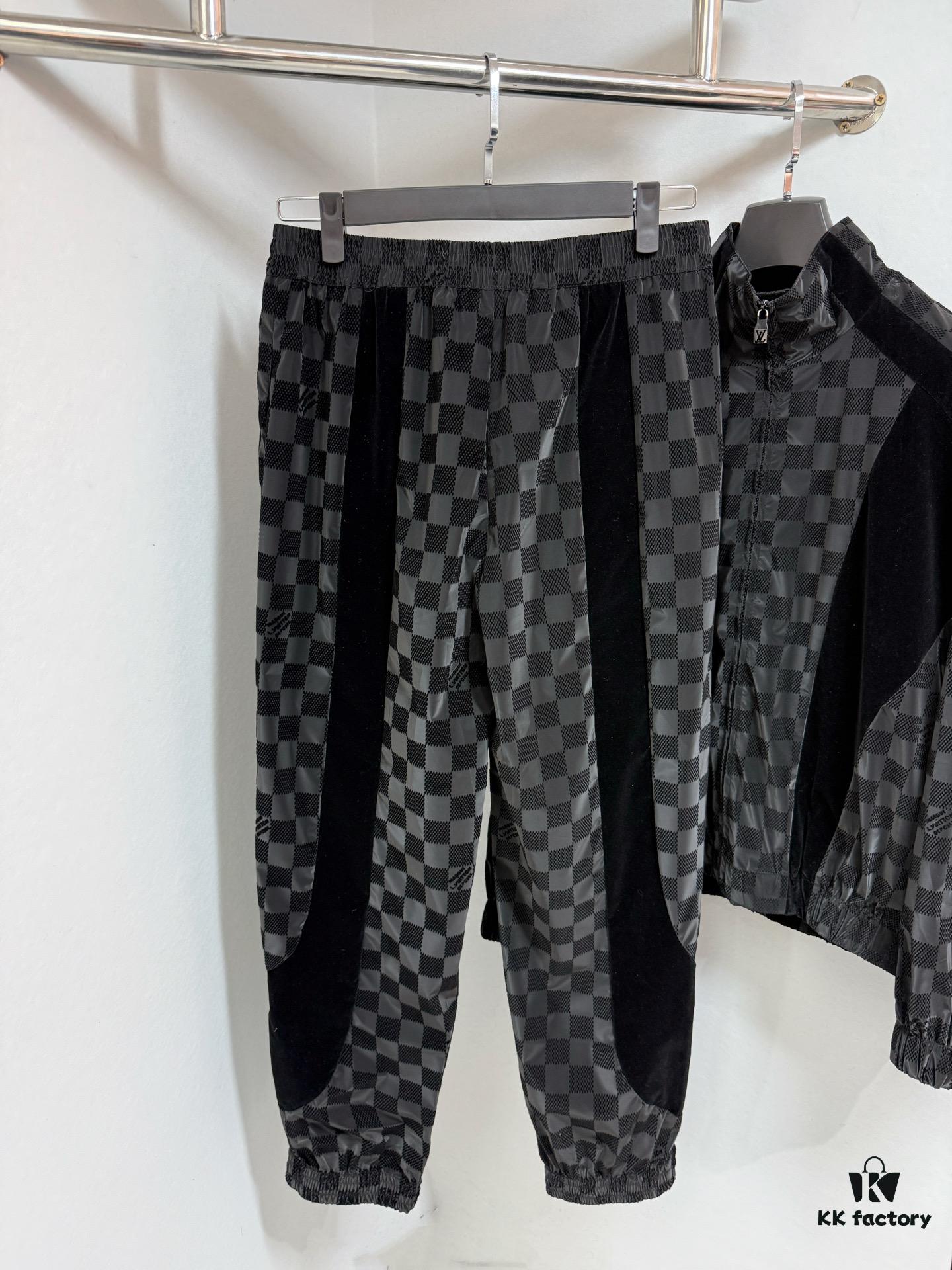 693117de908475d562cd90cd 1V 25ss New Arrival Track Pants Crafted from Lustrous Technical Fabric, Showcasing the 2025 Spring-Summer Runway Trend. Flocked Matte Damier Pattern Features the Marque L.Vuitton Déposée Logo, with Velvet Trims Adding Textural Depth, Perfectly Paired with Matching Top for a Sharp, Cohesive Look