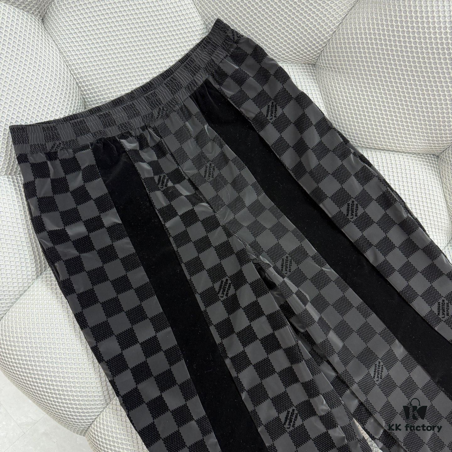 693117ef908475d562cd90d1 1V 25ss New Arrival Track Pants Crafted from Lustrous Technical Fabric, Showcasing the 2025 Spring-Summer Runway Trend. Flocked Matte Damier Pattern Features the Marque L.Vuitton Déposée Logo, with Velvet Trims Adding Textural Depth, Perfectly Paired with Matching Top for a Sharp, Cohesive Look