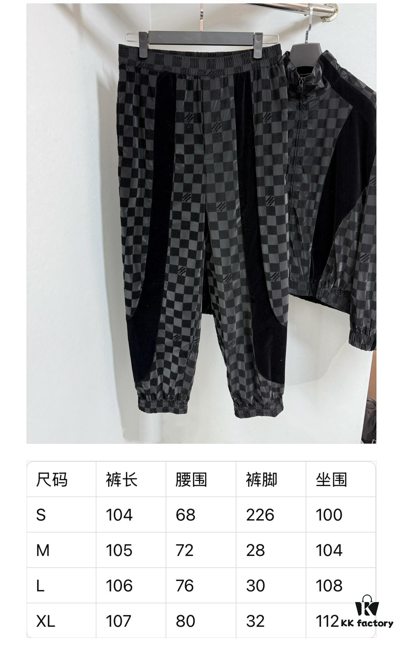 693117fa908475d562cd90d3 1V 25ss New Arrival Track Pants Crafted from Lustrous Technical Fabric, Showcasing the 2025 Spring-Summer Runway Trend. Flocked Matte Damier Pattern Features the Marque L.Vuitton Déposée Logo, with Velvet Trims Adding Textural Depth, Perfectly Paired with Matching Top for a Sharp, Cohesive Look