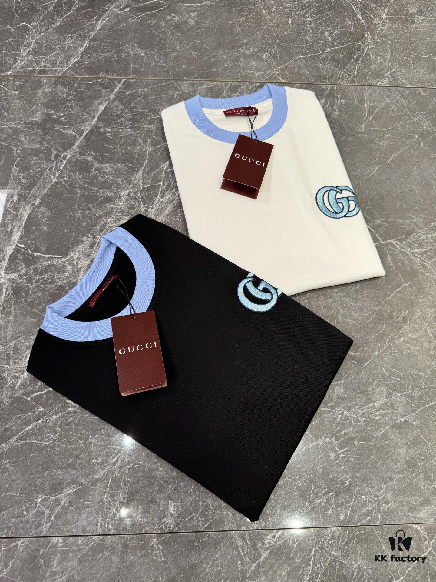 69311f9d908475d562cd92e3 GUCCI 25SS New Arrival Round Neck T-Shirt! Custom GG 3D Embroidery Craftsmanship, Ribbed Blue Trims on Neck and Cuffs for a Youthful Look, Fashionable Color Matching, Stylish and Vibrant Overall Appearance. Made from 260g High-Quality Cotton for Exceptional Comfort and Soft, Premium Texture. Colors: Black, White. European Size: S, M, L, XL (Recommended Size M for Height 175cm / Weight 70kg)