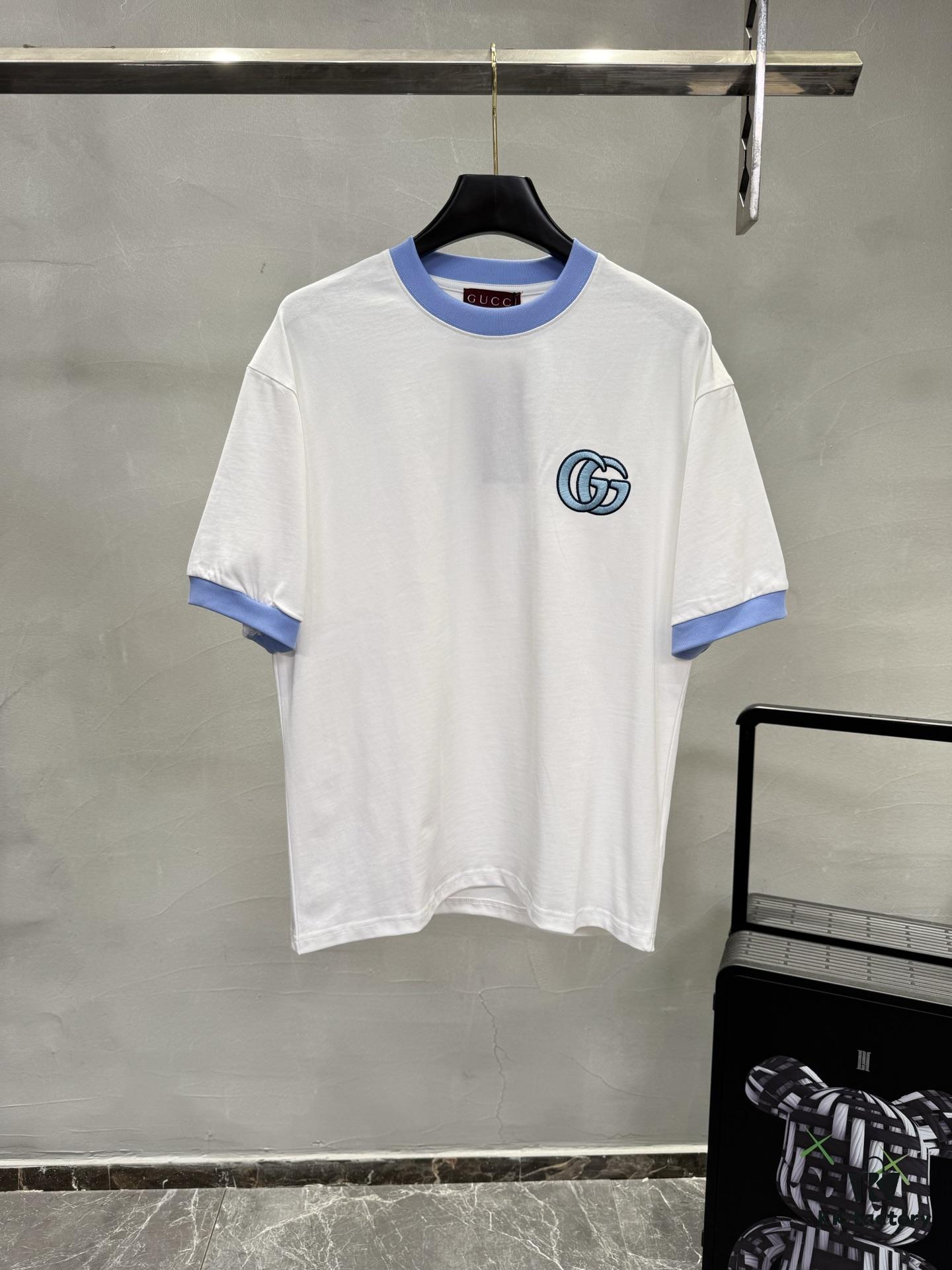 69311faf908475d562cd92e7 GUCCI 25SS New Arrival Round Neck T-Shirt! Custom GG 3D Embroidery Craftsmanship, Ribbed Blue Trims on Neck and Cuffs for a Youthful Look, Fashionable Color Matching, Stylish and Vibrant Overall Appearance. Made from 260g High-Quality Cotton for Exceptional Comfort and Soft, Premium Texture. Colors: Black, White. European Size: S, M, L, XL (Recommended Size M for Height 175cm / Weight 70kg)