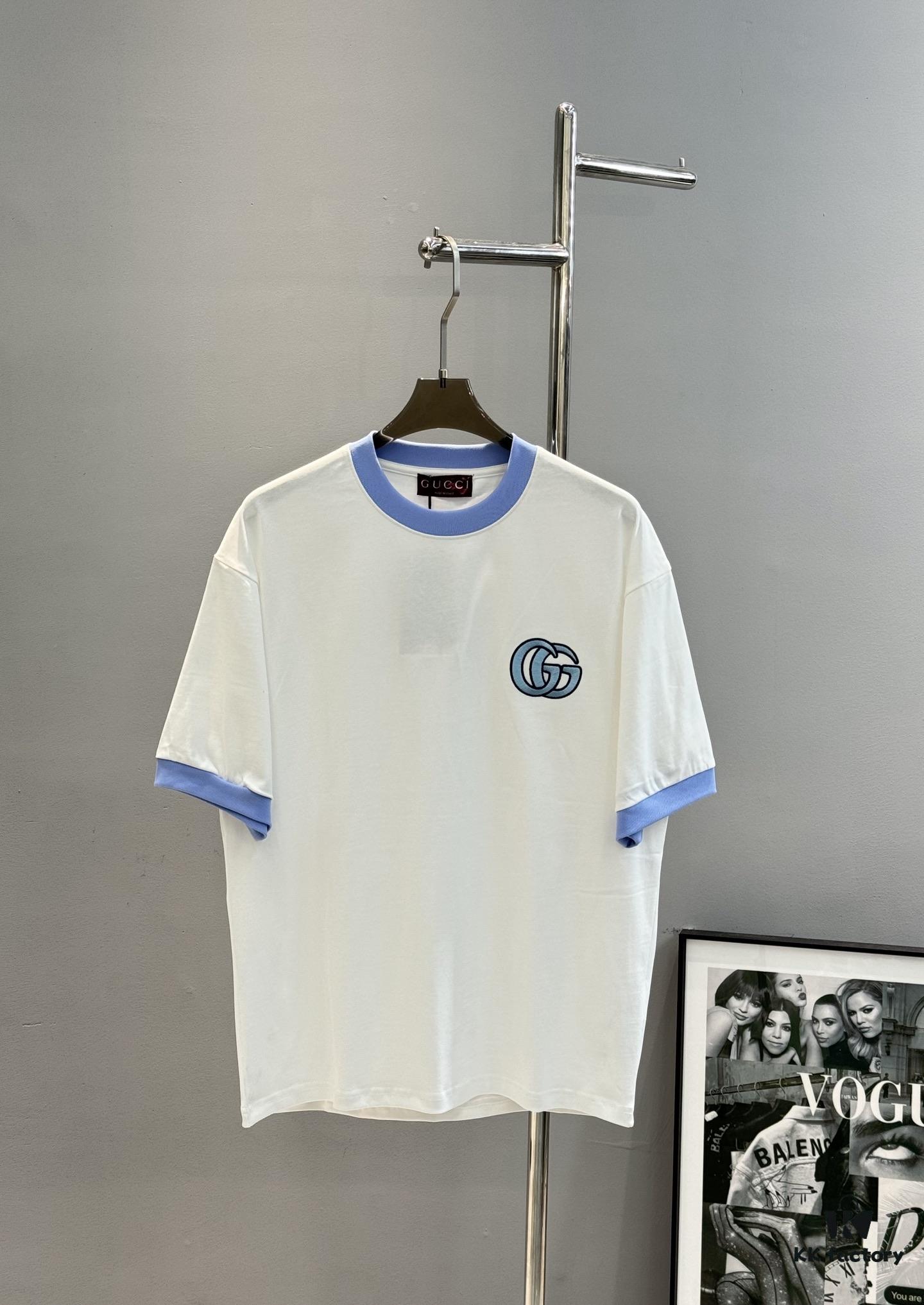 69312246908475d562cd93bf GUCC* Trendy Brand 2025 New Round Neck T-Shirt, Unisex Style – Must-Have Bestseller with Customized 3D GG Embroidery on Chest, Ribbed Collar and Cuffs in Blue for Youthful Look, Fashionable Color Matching, Made from 260g Premium Cotton for Superior Comfort and Soft Texture