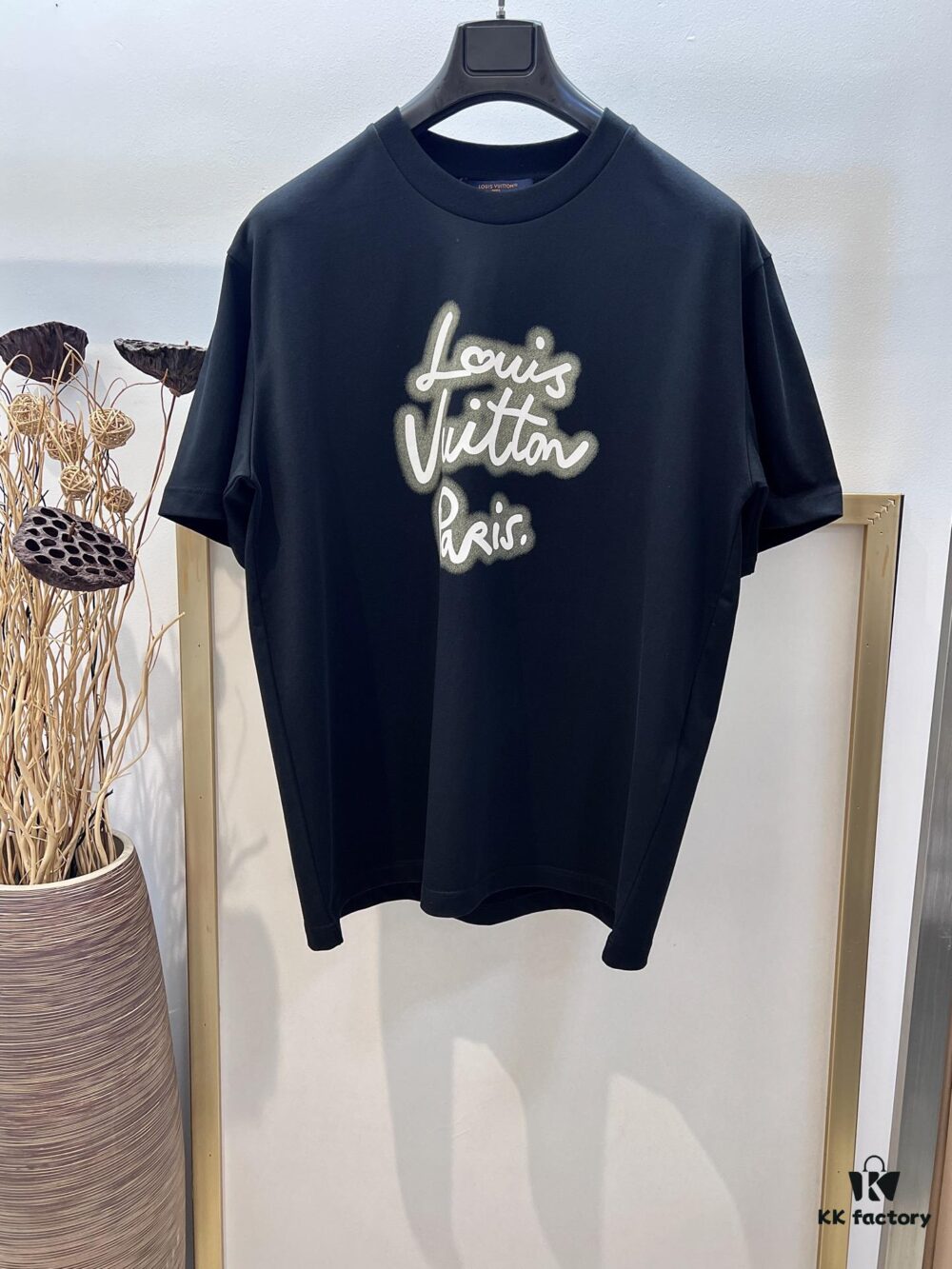 693123ff908475d562cd9424 Unisex Black/White T-Shirt by Louis, Crafted from Soft Cotton Knit with Neon-Effected Handwritten Louis Vuitton Paris Logo, Classic Straight Fit Short-Sleeve Cotton Tee