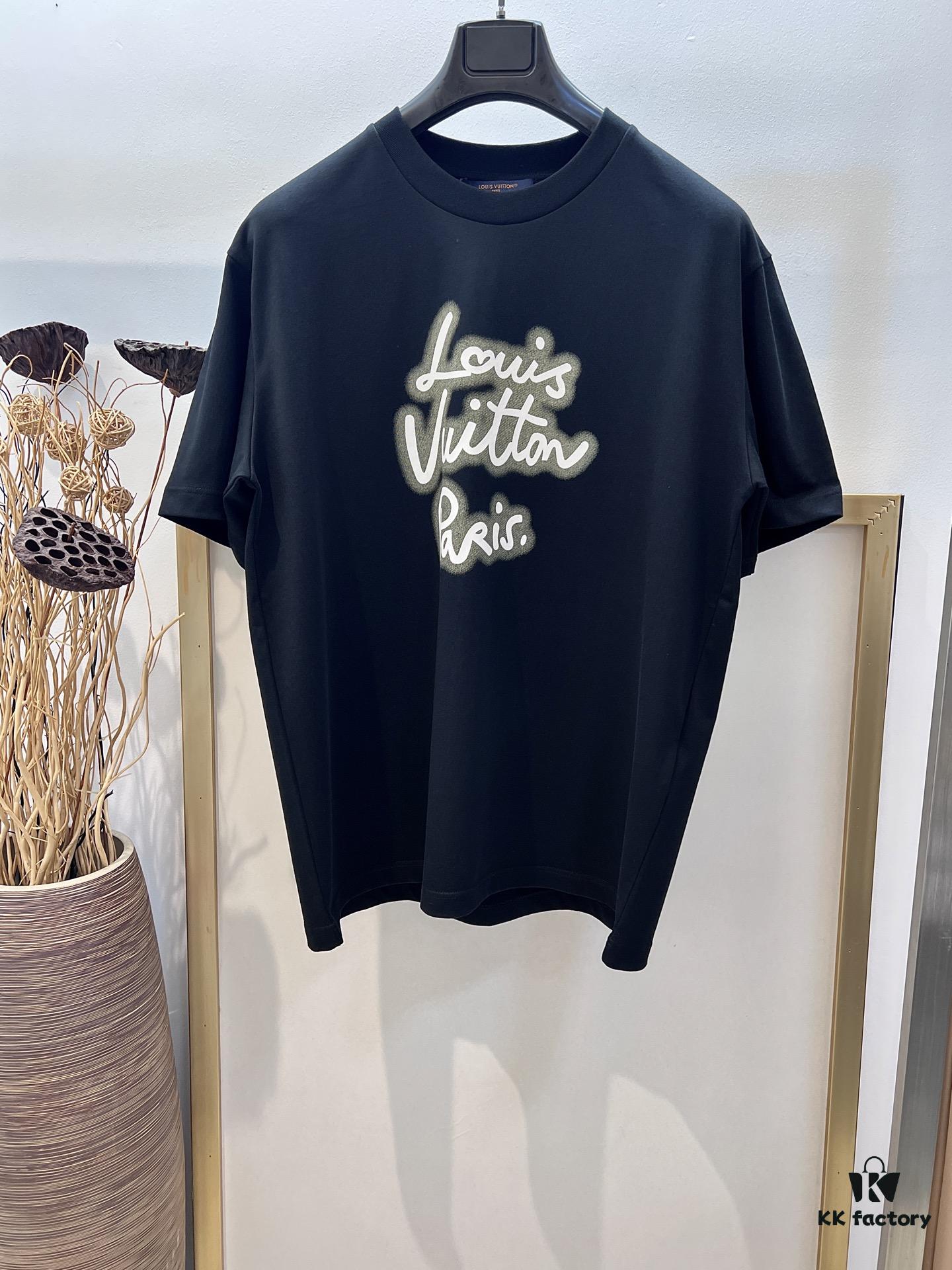 693123ff908475d562cd9424 Unisex Black/White T-Shirt by Louis, Crafted from Soft Cotton Knit with Neon-Effected Handwritten Louis Vuitton Paris Logo, Classic Straight Fit Short-Sleeve Cotton Tee