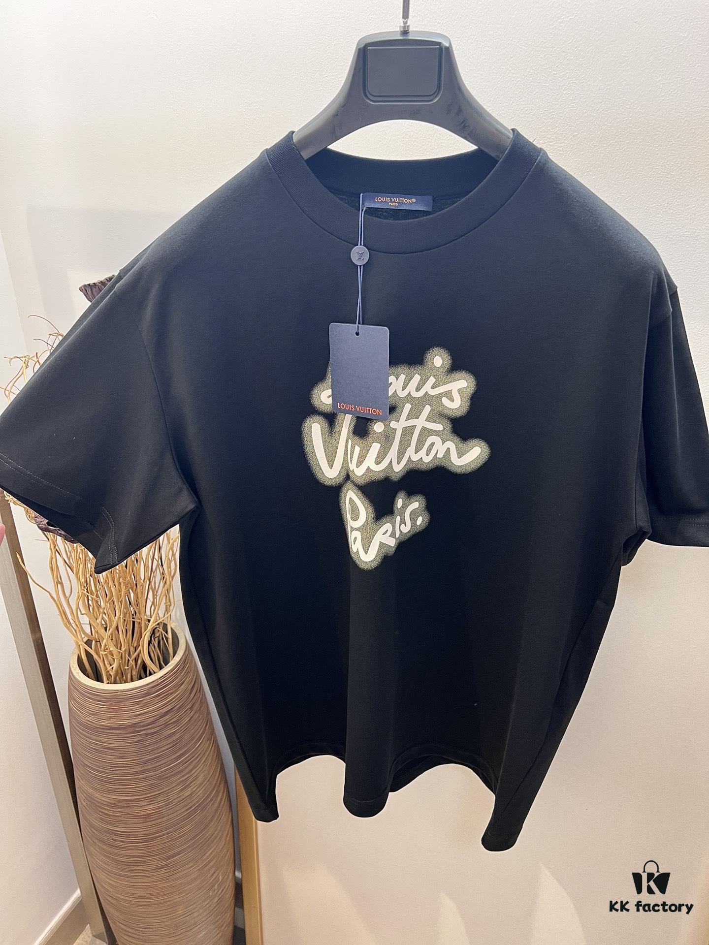 69312402908475d562cd9425 Unisex Black/White T-Shirt by Louis, Crafted from Soft Cotton Knit with Neon-Effected Handwritten Louis Vuitton Paris Logo, Classic Straight Fit Short-Sleeve Cotton Tee