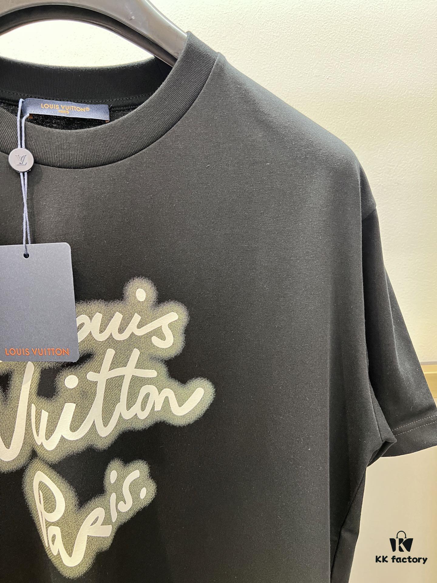 6931240a908475d562cd9427 Unisex Black/White T-Shirt by Louis, Crafted from Soft Cotton Knit with Neon-Effected Handwritten Louis Vuitton Paris Logo, Classic Straight Fit Short-Sleeve Cotton Tee
