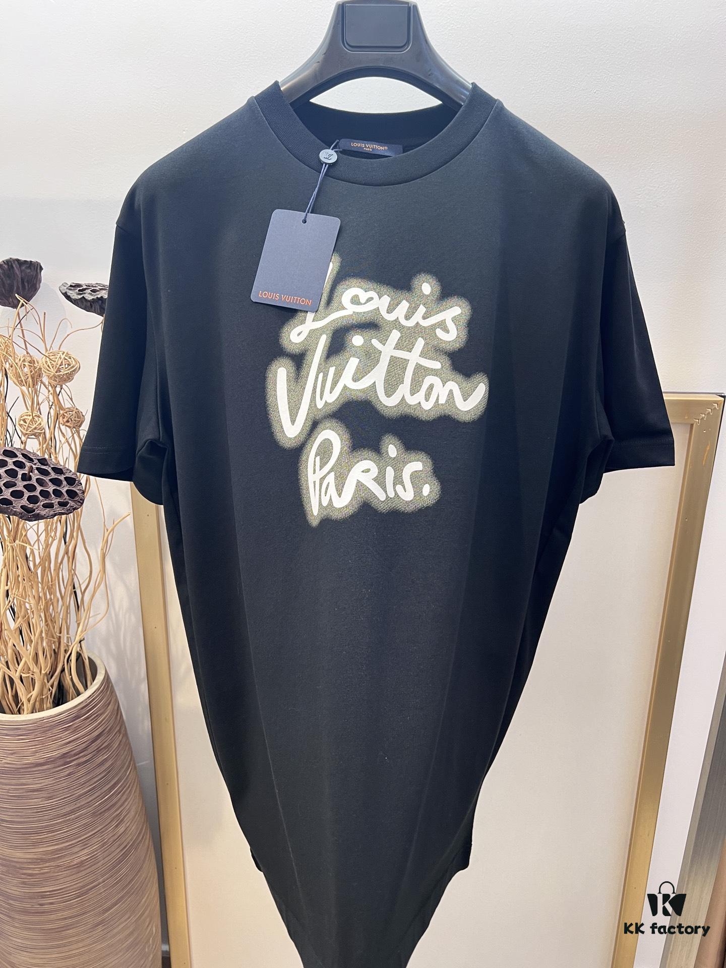 6931240f908475d562cd9428 Unisex Black/White T-Shirt by Louis, Crafted from Soft Cotton Knit with Neon-Effected Handwritten Louis Vuitton Paris Logo, Classic Straight Fit Short-Sleeve Cotton Tee