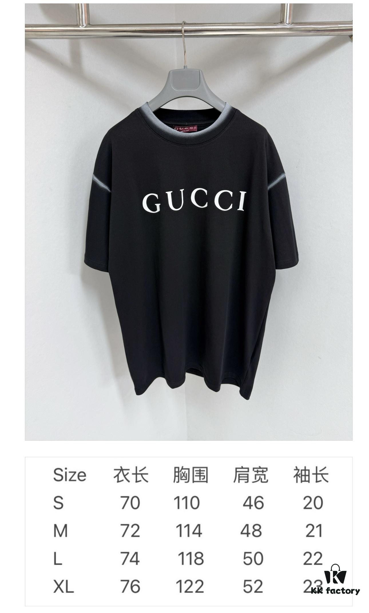 693124b6908475d562cd9455 GUCCI 25SS Gucci Printed Cotton Knit T-Shirt Short Sleeve with Classic Letter Logo, Spray-Painted Detail on Collar and Sleeves