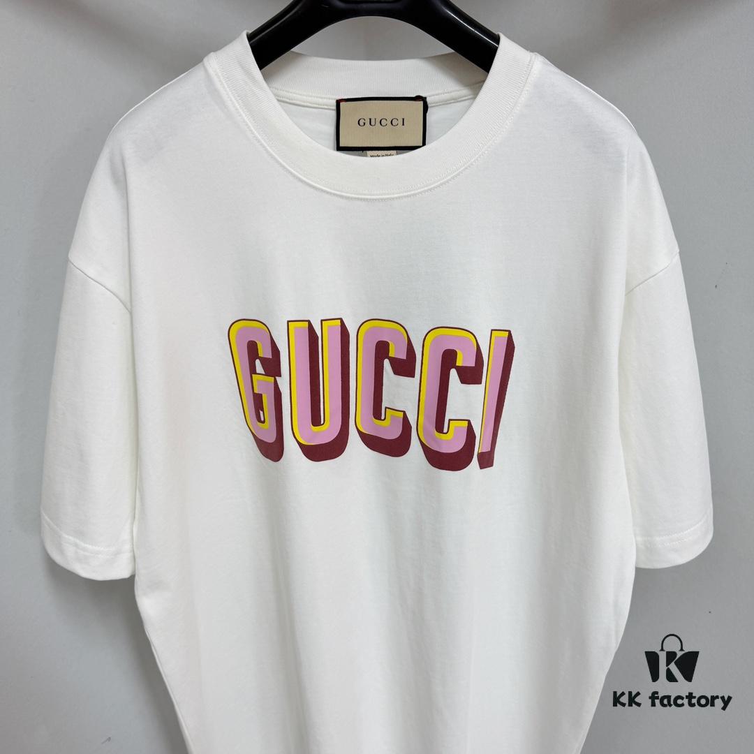693124df908475d562cd9461 GUCC 25 3D Logo Print Short Sleeve T-Shirt in White Knit Cotton