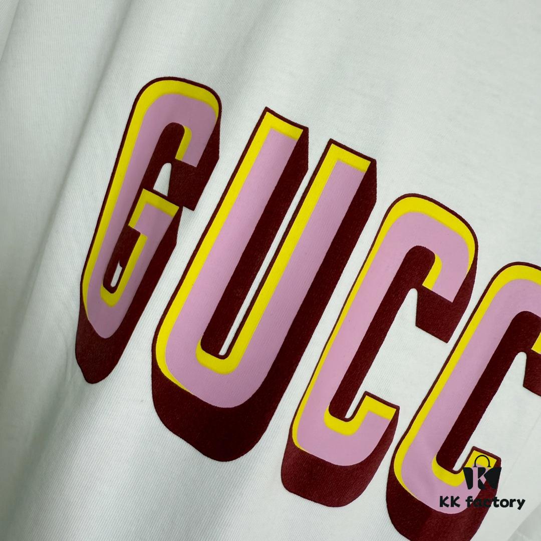 693124e6908475d562cd9463 GUCC 25 3D Logo Print Short Sleeve T-Shirt in White Knit Cotton