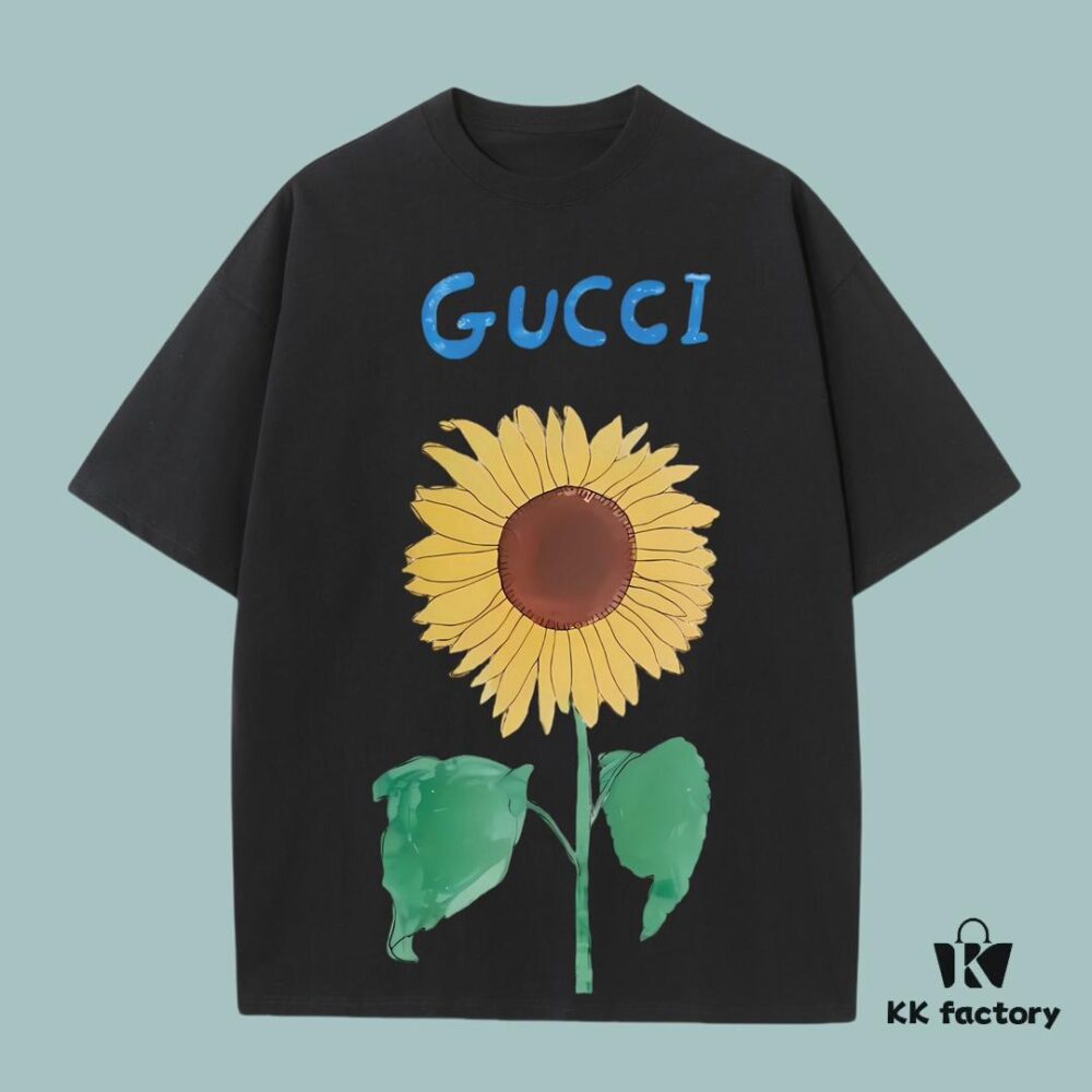 GUCCI 2025 Fall Spring/Summer Collection Sunflower🌻 Drink🍹 Short Sleeve T-Shirt Premium Quality Limited Edition, Special Woven 270G 32-Yarn Double Cotton Fabric, Loose Fit Unisex Design