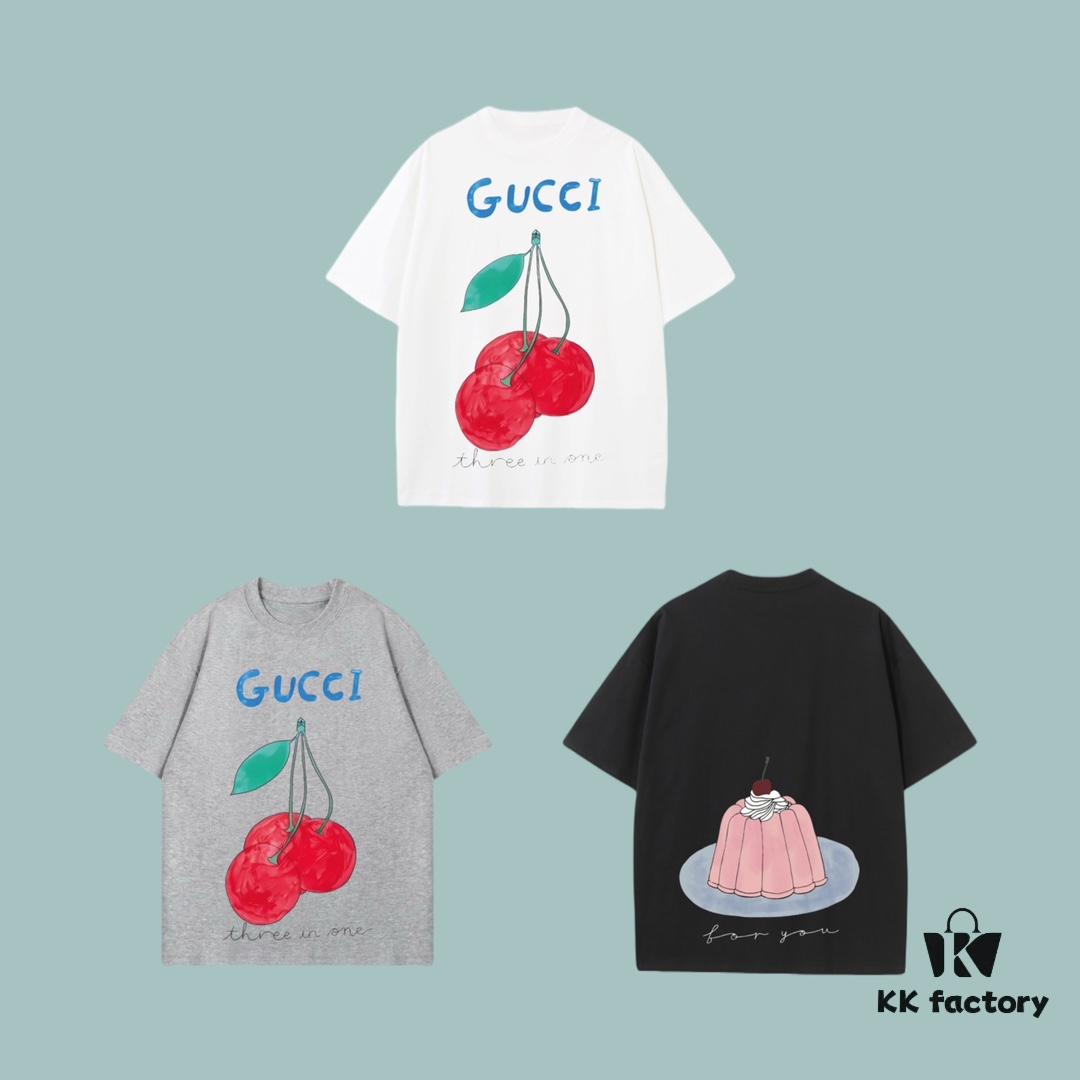 69312679908475d562cd94d9 High-End Quality GUCCI 2025 Fall Spring/Summer Collection Cherry Pudding Short-Sleeve T-Shirt, Distinct from Regular Prints, Made of Custom-Woven 270G 32-Count Double-Yarn Pure Cotton Fabric, Loose Fit Unisex Design