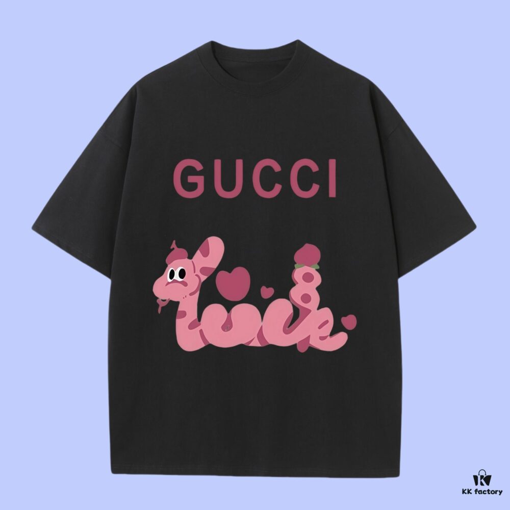 693127f9908475d562cd9554 High-End Quality GUCCI 2025 Fall Spring/Summer Collection Pink Snake Short-Sleeve T-Shirt, Premium Custom-Woven 270G 32-Count Double-Yarn Pure Cotton Fabric, Distinct from Regular Printed Tees, Relaxed Unisex Fit