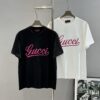 69312e0b908475d562cd970a GUCC*25s New Arrival Streetwear T-Shirt, Unisex Design with Signature Logo Embroidery, 3D Textured High-Density Stitching, Pink Embroidered Accents on Black and White Base