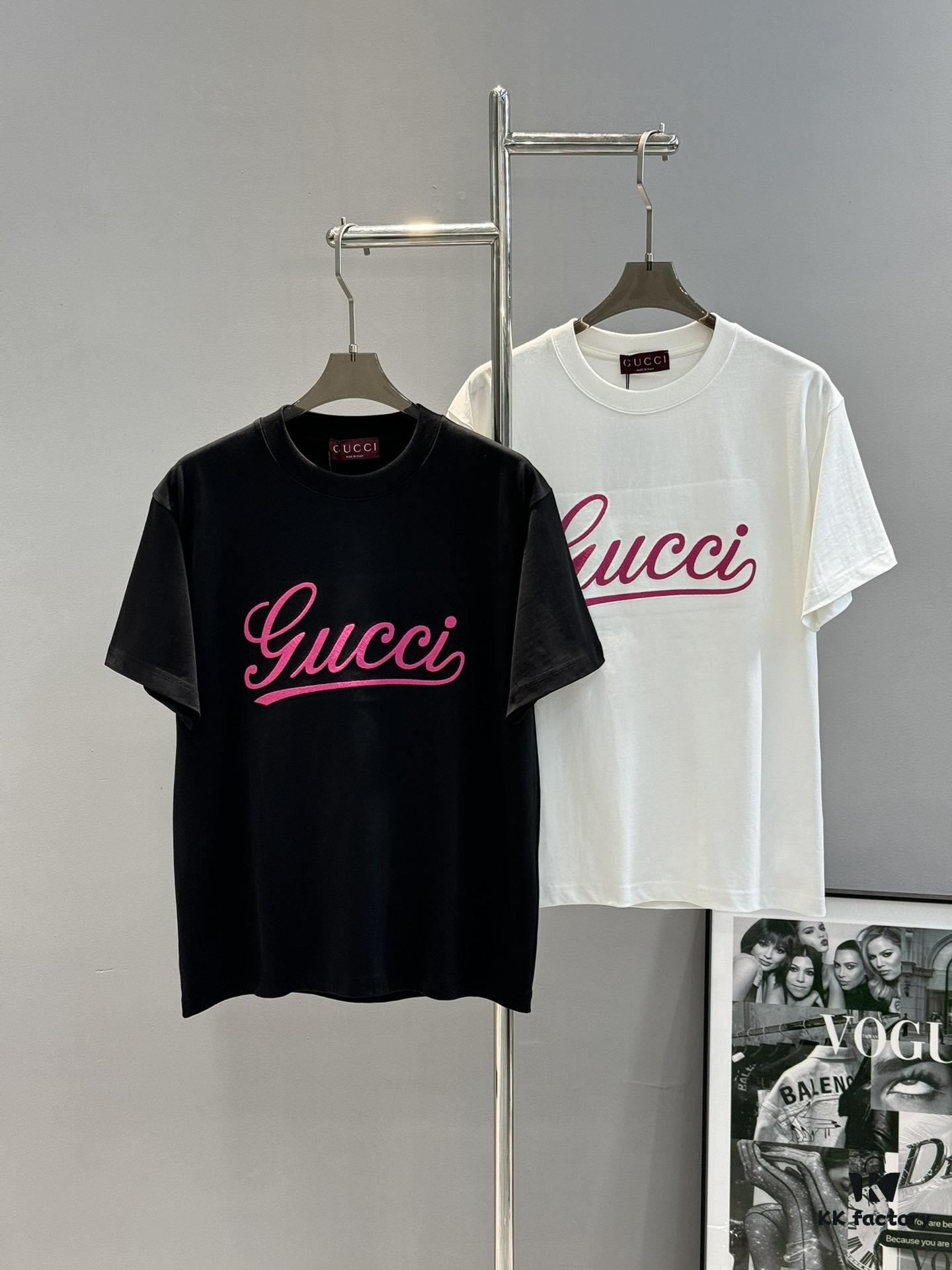 69312e0b908475d562cd970a GUCC*25s New Arrival Streetwear T-Shirt, Unisex Design with Signature Logo Embroidery, 3D Textured High-Density Stitching, Pink Embroidered Accents on Black and White Base