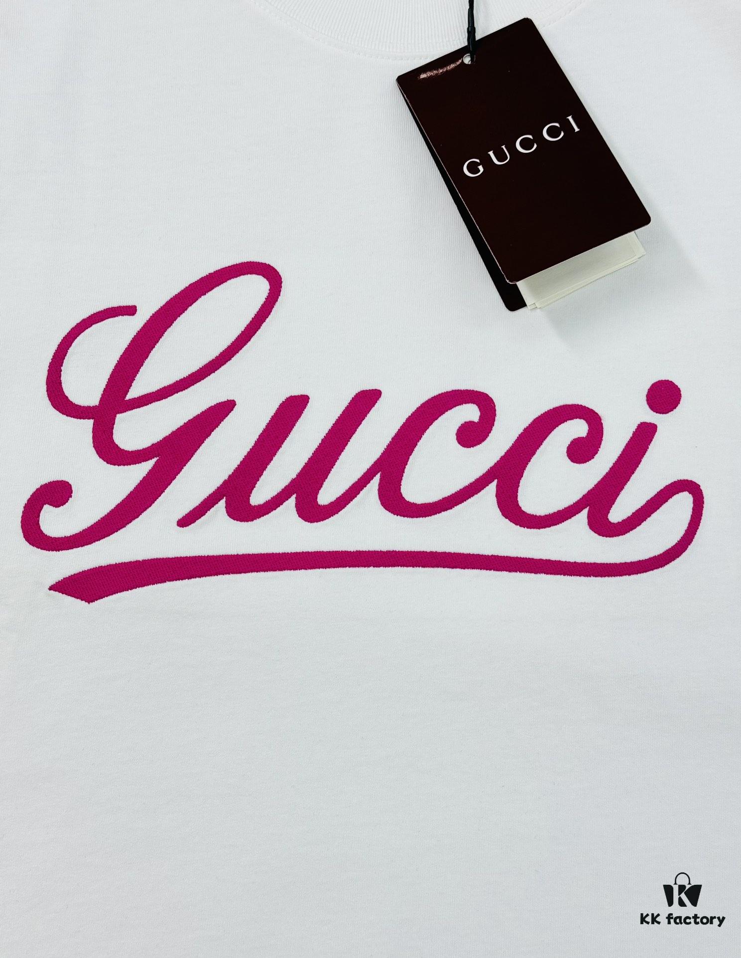 69312e15908475d562cd970c GUCC*25s New Arrival Streetwear T-Shirt, Unisex Design with Signature Logo Embroidery, 3D Textured High-Density Stitching, Pink Embroidered Accents on Black and White Base